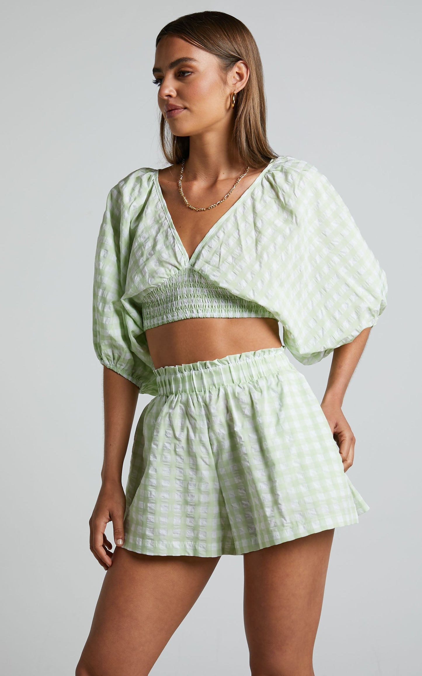 Madelyn Top - V Neck Batwing Puff Sleeve Crop Top in Mint Gingham