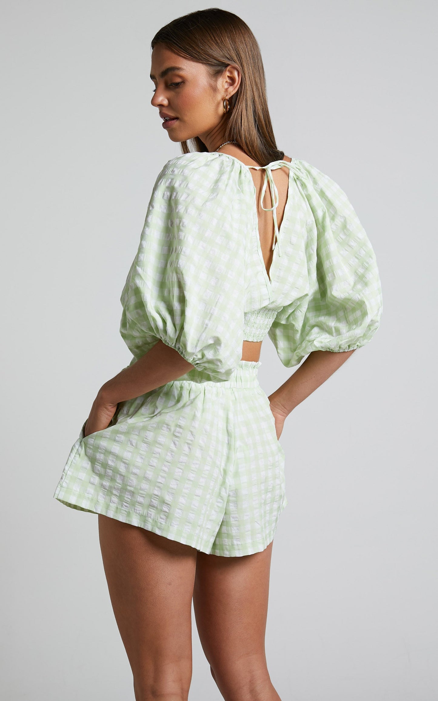 Madelyn Top - V Neck Batwing Puff Sleeve Crop Top in Mint Gingham