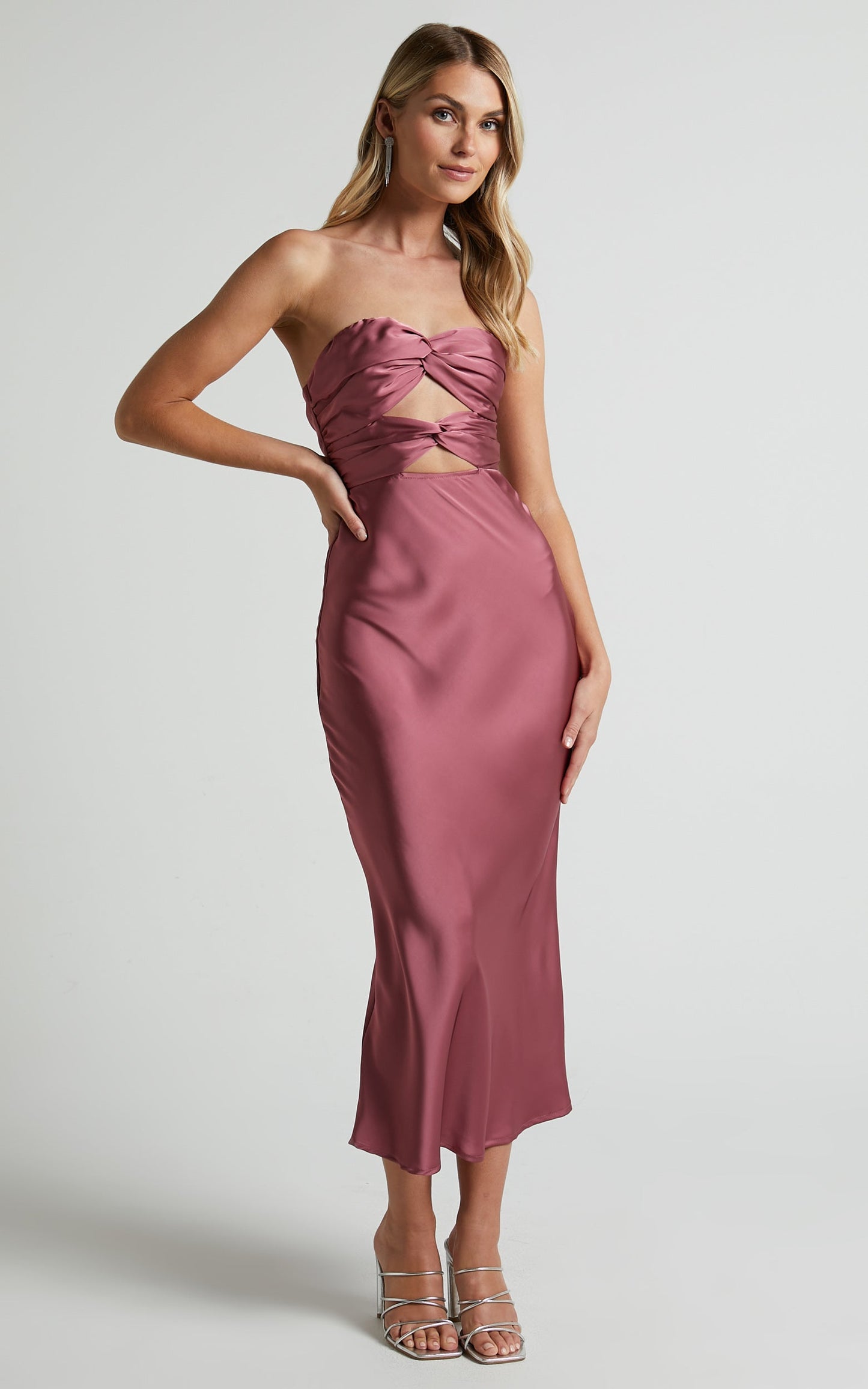 Madelynn Midi Dress - Twist Front Satin Dress in Plum