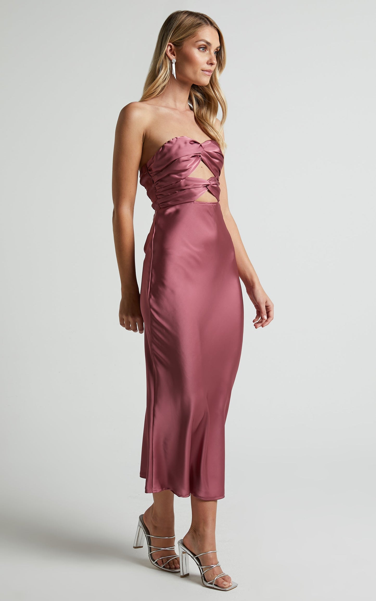Madelynn Midi Dress - Twist Front Satin Dress in Plum