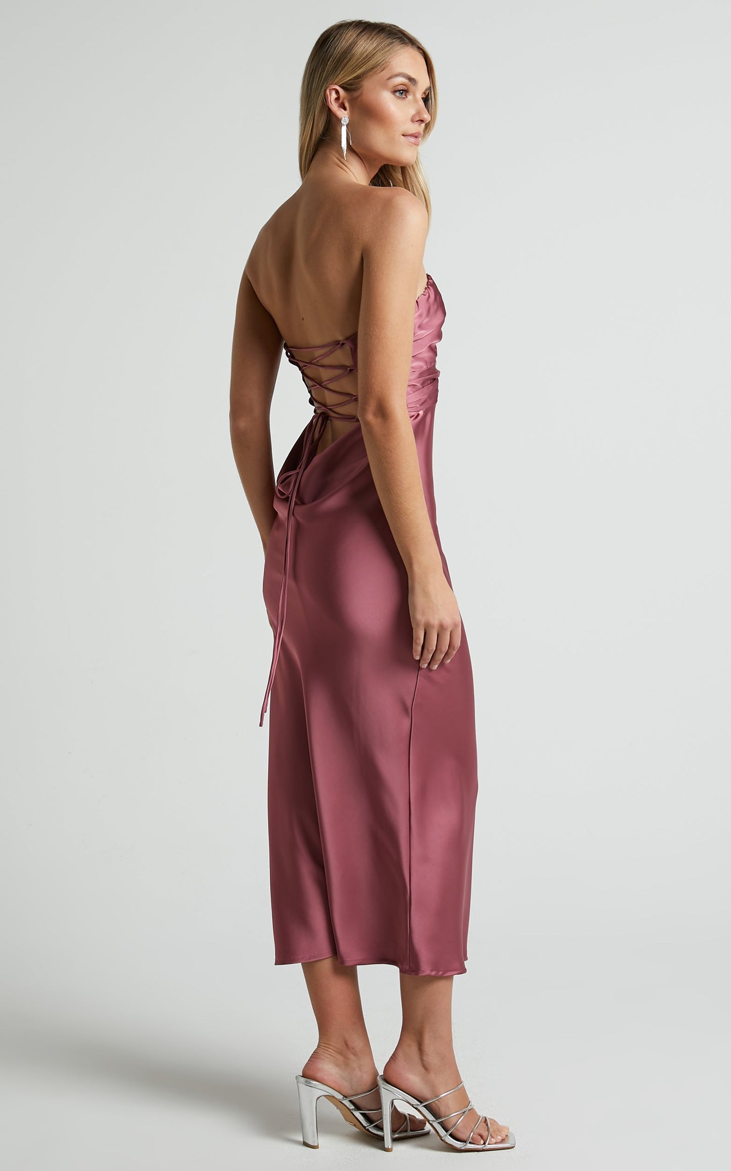 Madelynn Midi Dress - Twist Front Satin Dress in Plum