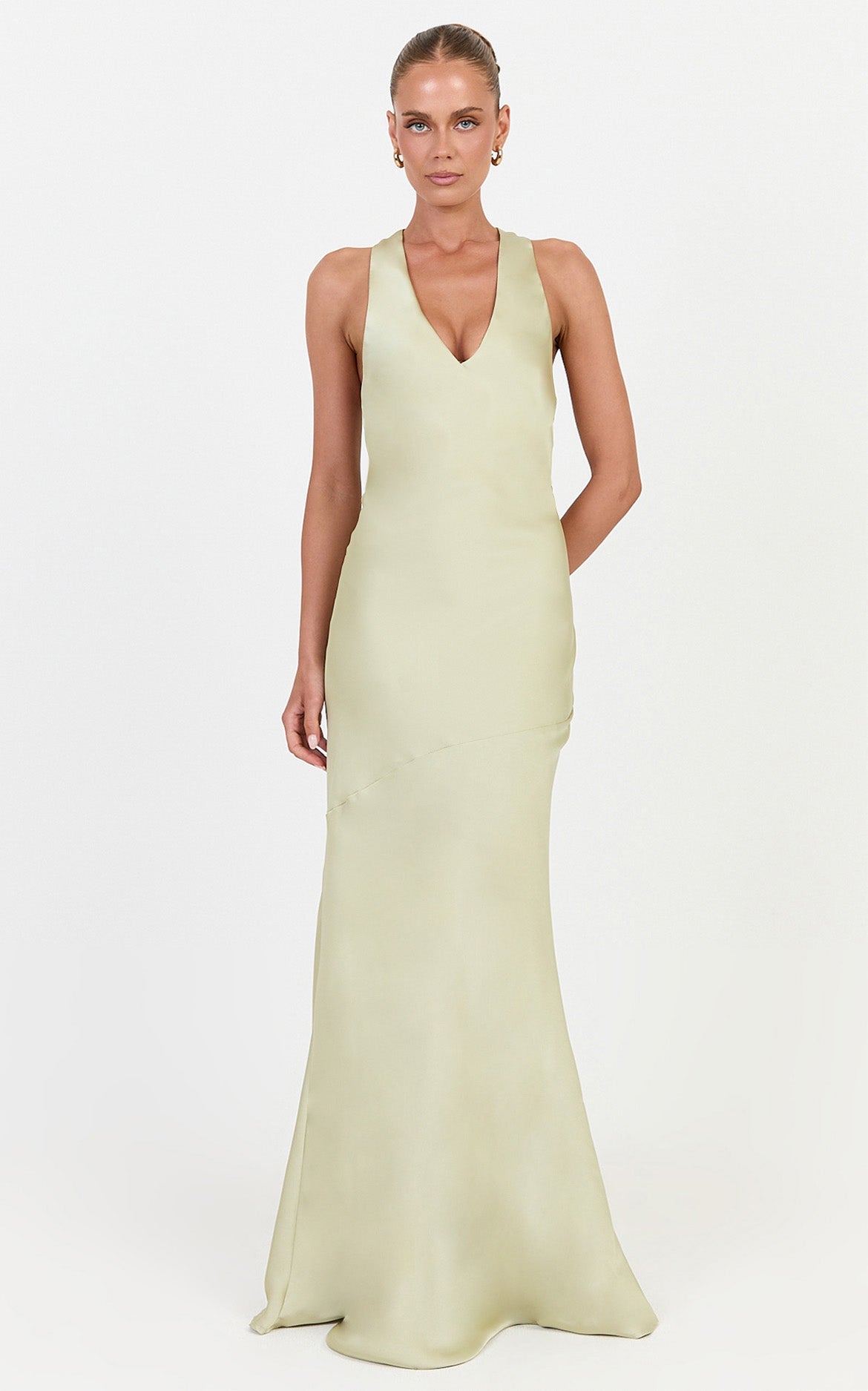 Madison Maxi Dress - Bias Cut Halter Neck Dress With Pleated Open Back Detail in Green