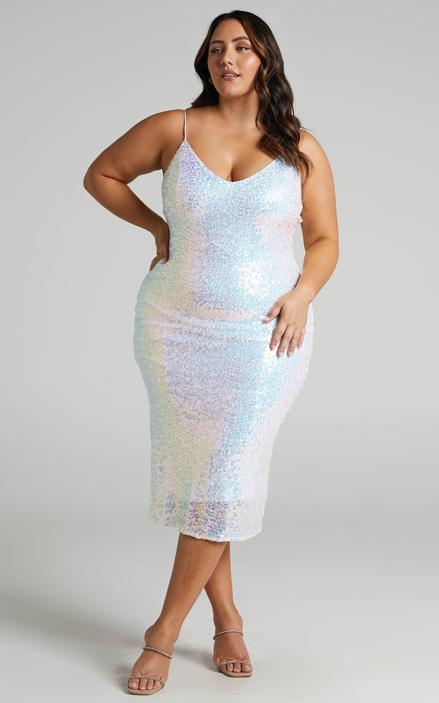 Madrina Midi Dress - Strappy Cross Bac Sequin Slip Dress in Iridescent Ivory