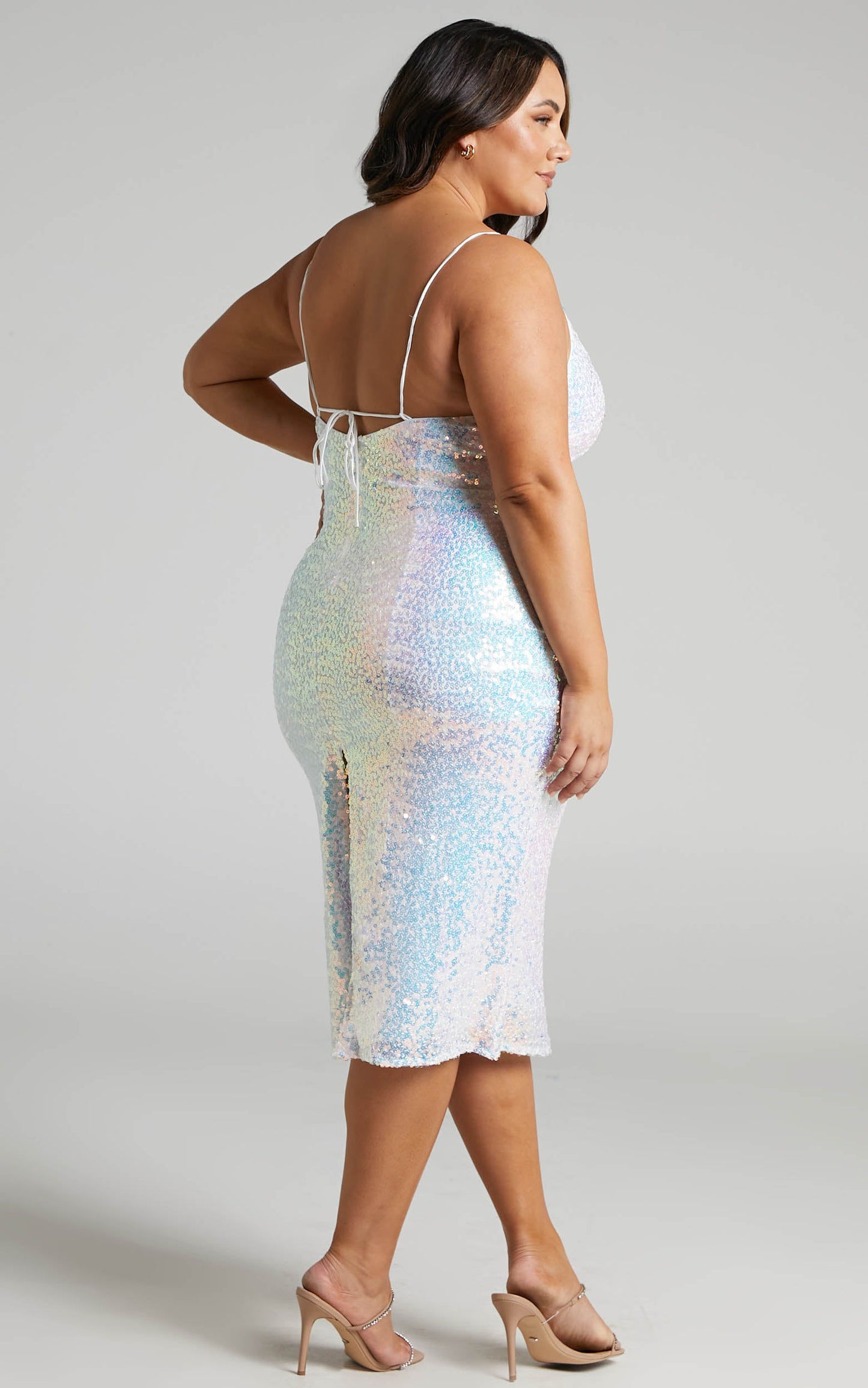 Madrina Midi Dress - Strappy Cross Bac Sequin Slip Dress in Iridescent Ivory