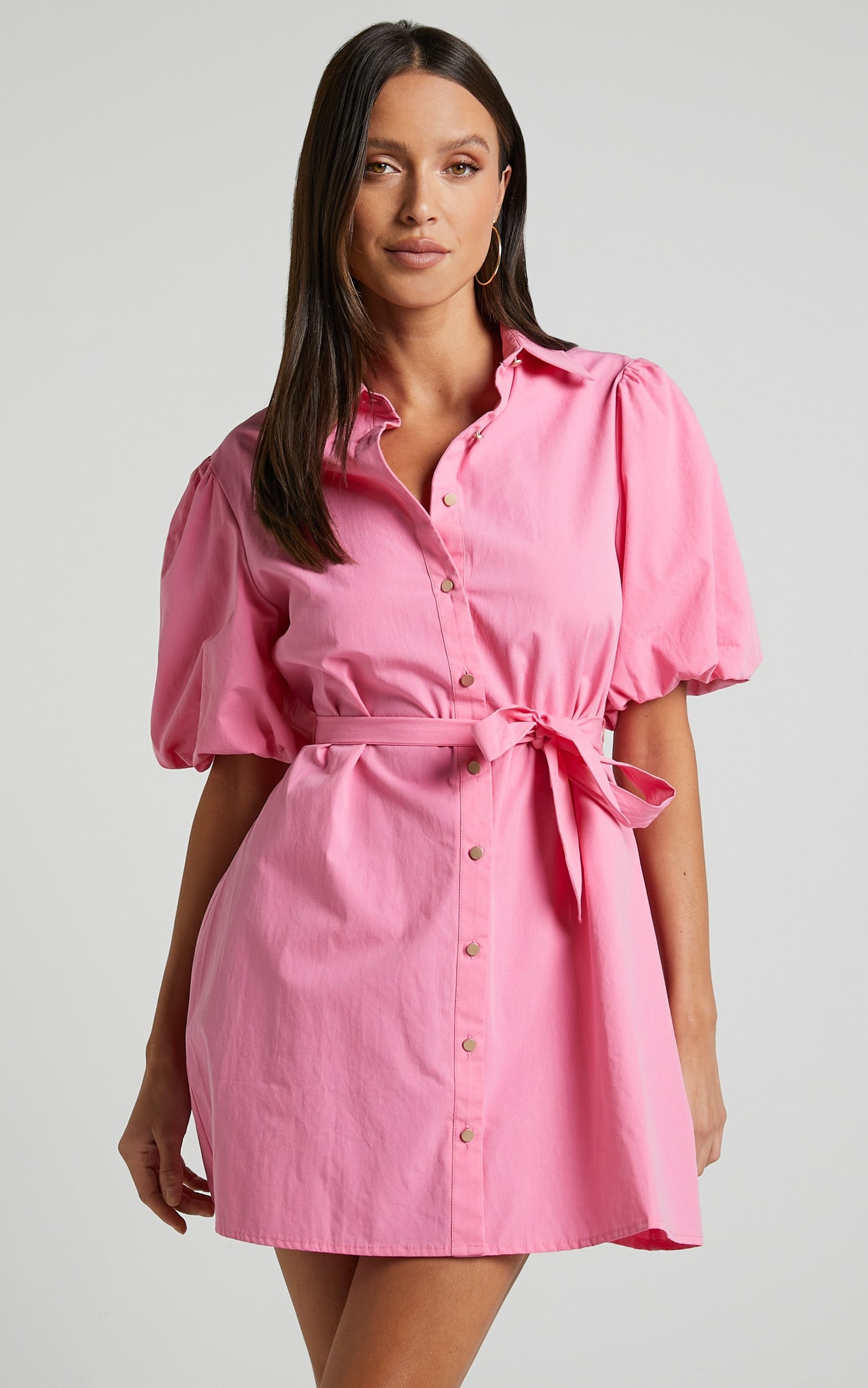 Maelita Mini Dress - Short Puff Sleeve Shirt Dress in Pink