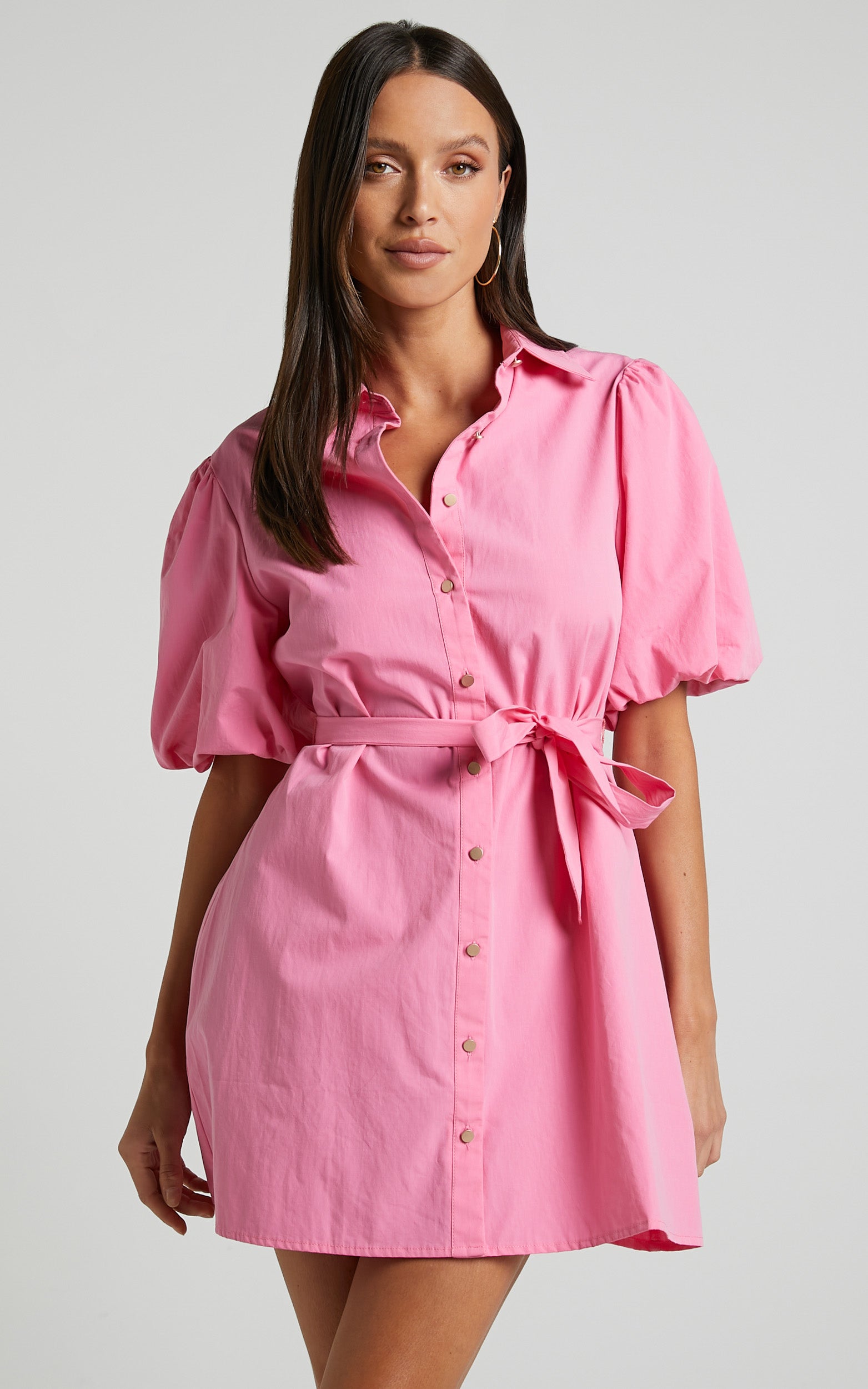 Maelita Mini Dress - Short Puff Sleeve Shirt Dress in Pink