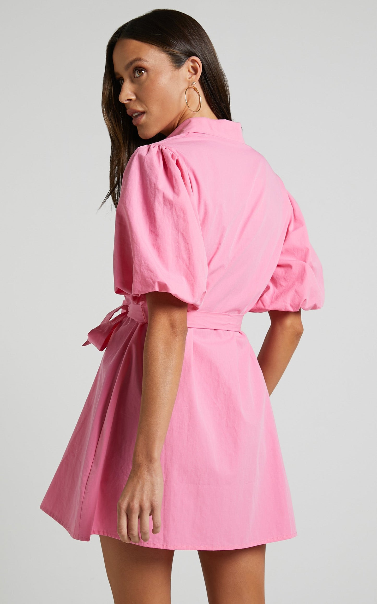 Maelita Mini Dress - Short Puff Sleeve Shirt Dress in Pink