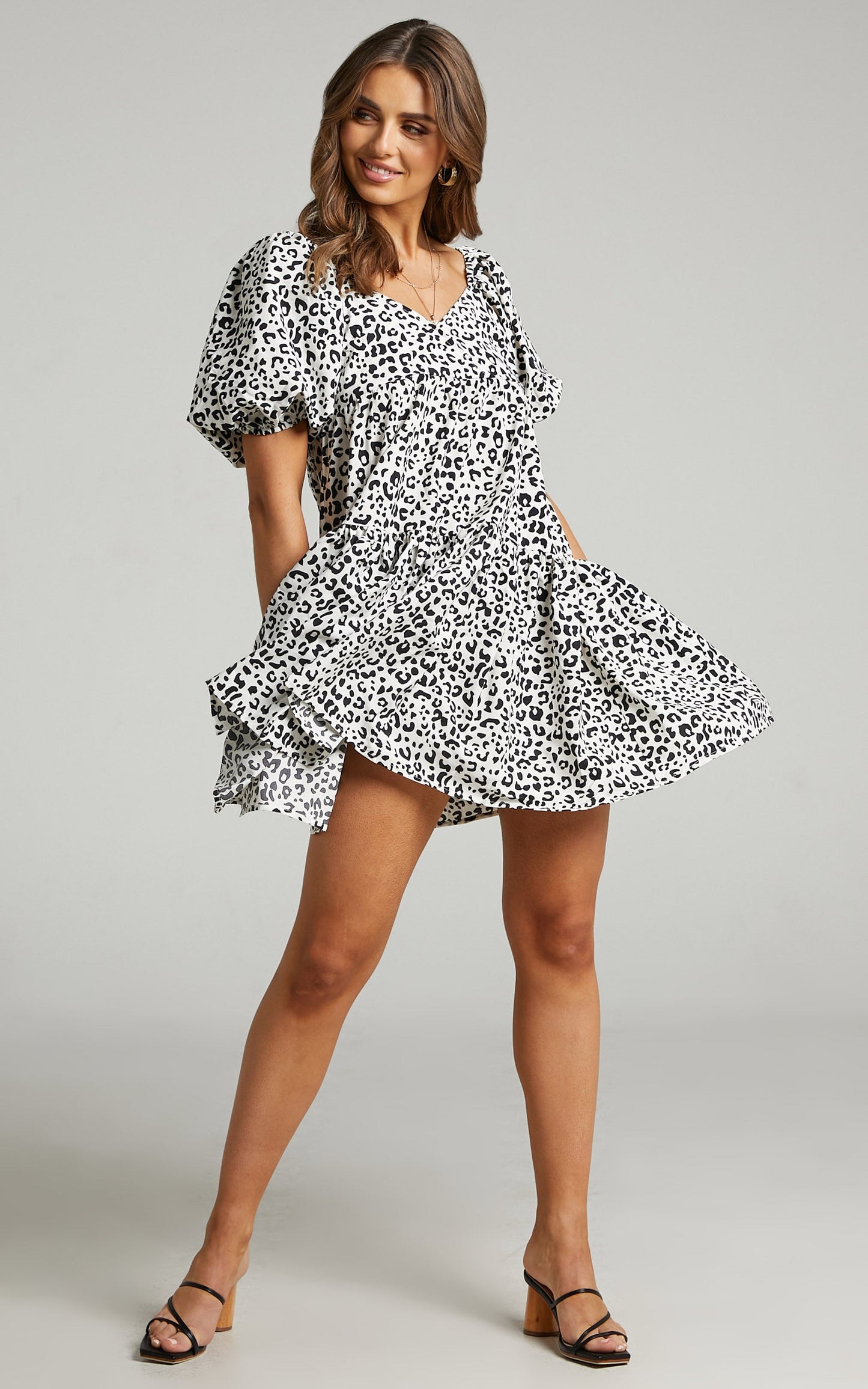 Maggie Puff Sleeve Tiered Mini Dress in Black Print