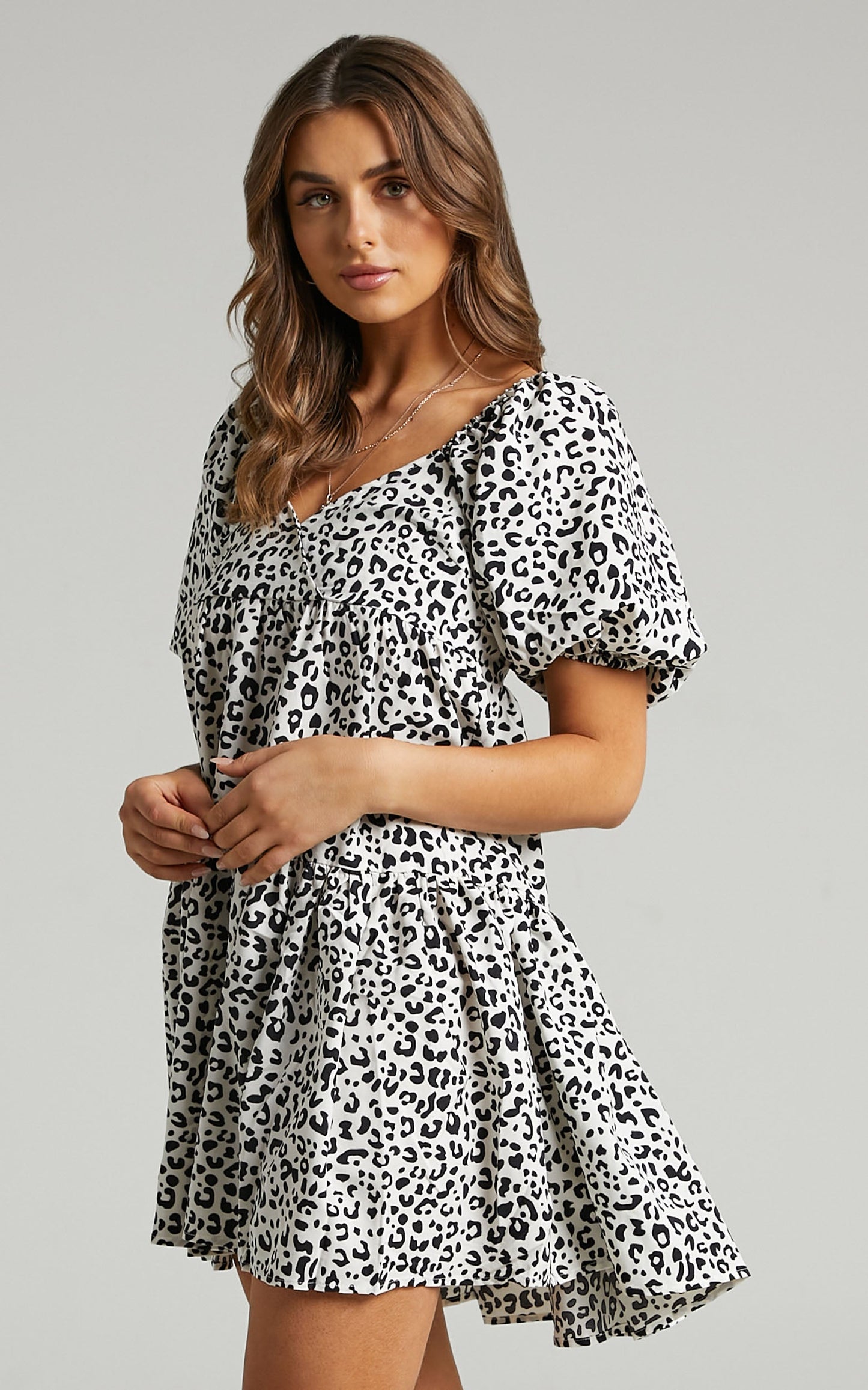 Maggie Puff Sleeve Tiered Mini Dress in Black Print