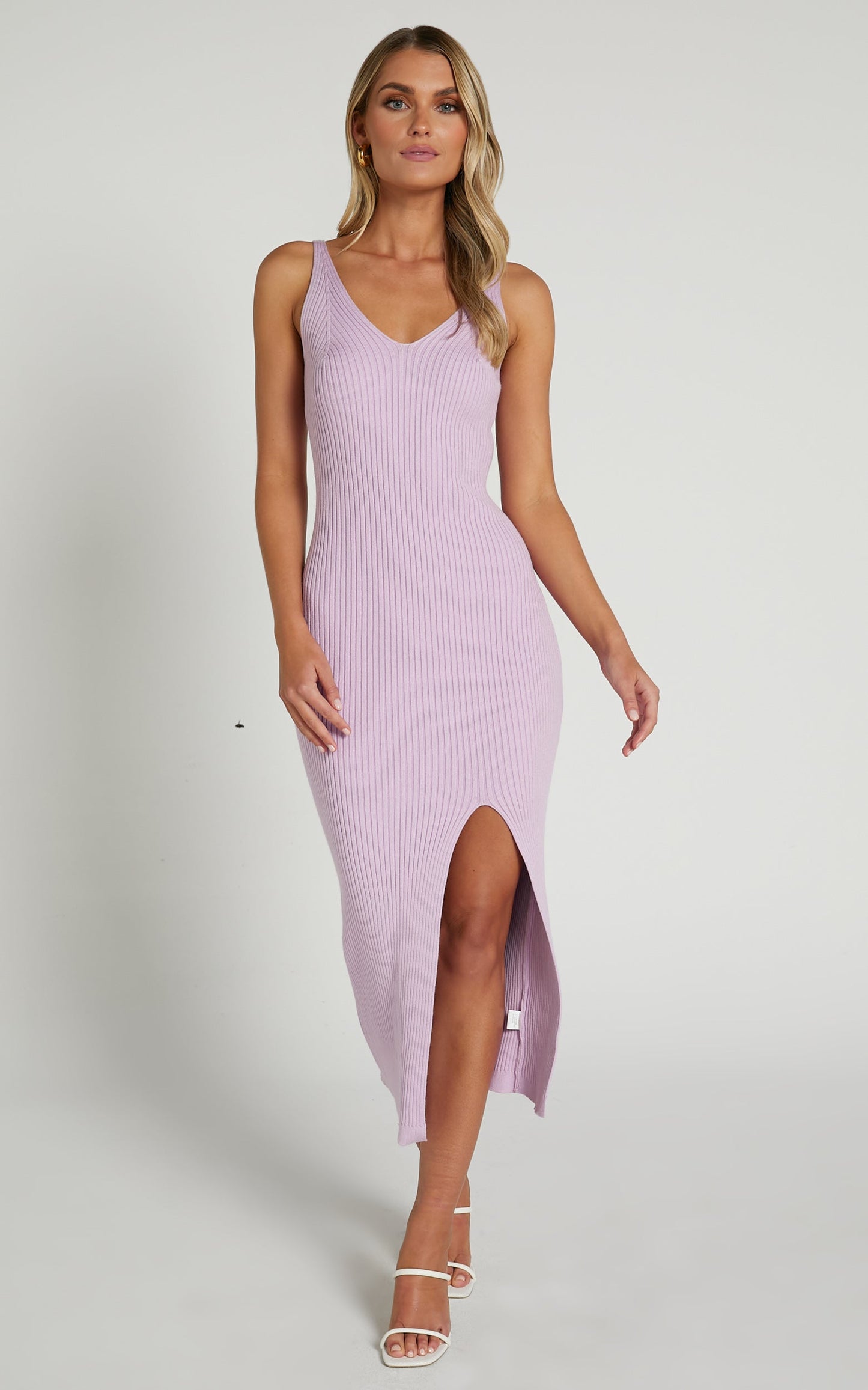 Mahala Midi Dress - V Neck Side Split Knit Dress in Lilac