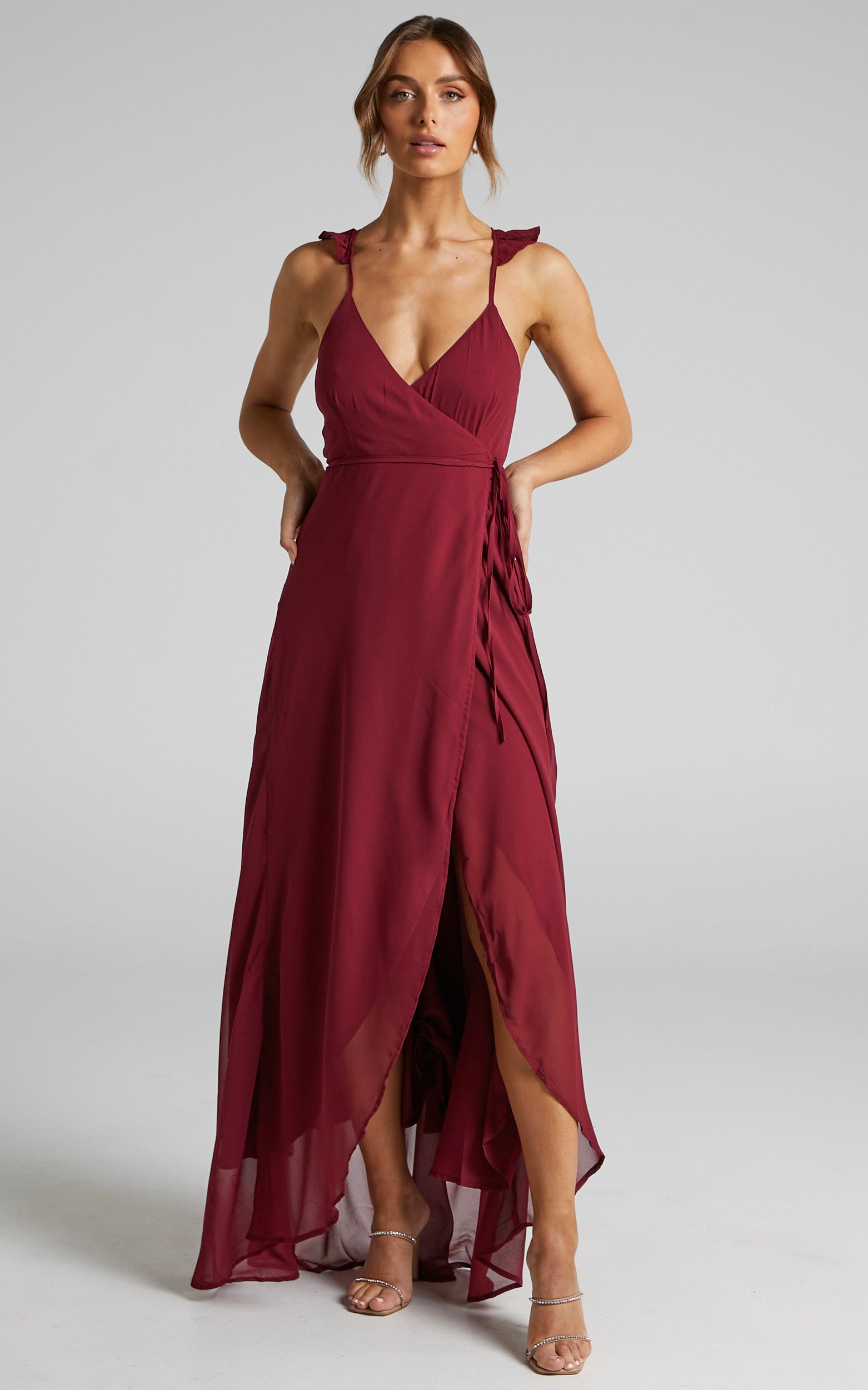 Maibelle Maxi Dress - Frill Shoulder Wrap Dress in Wine