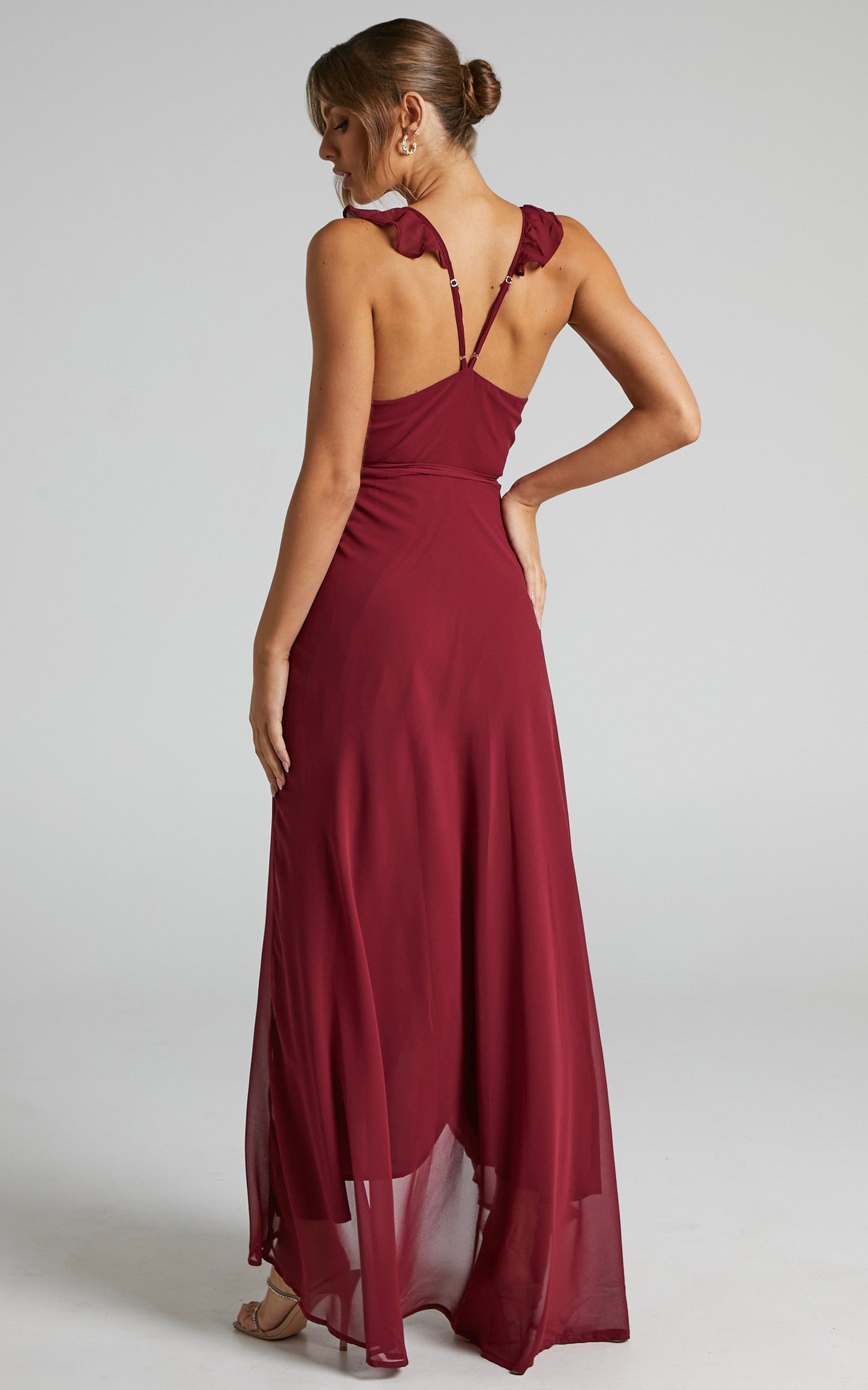 Maibelle Maxi Dress - Frill Shoulder Wrap Dress in Wine