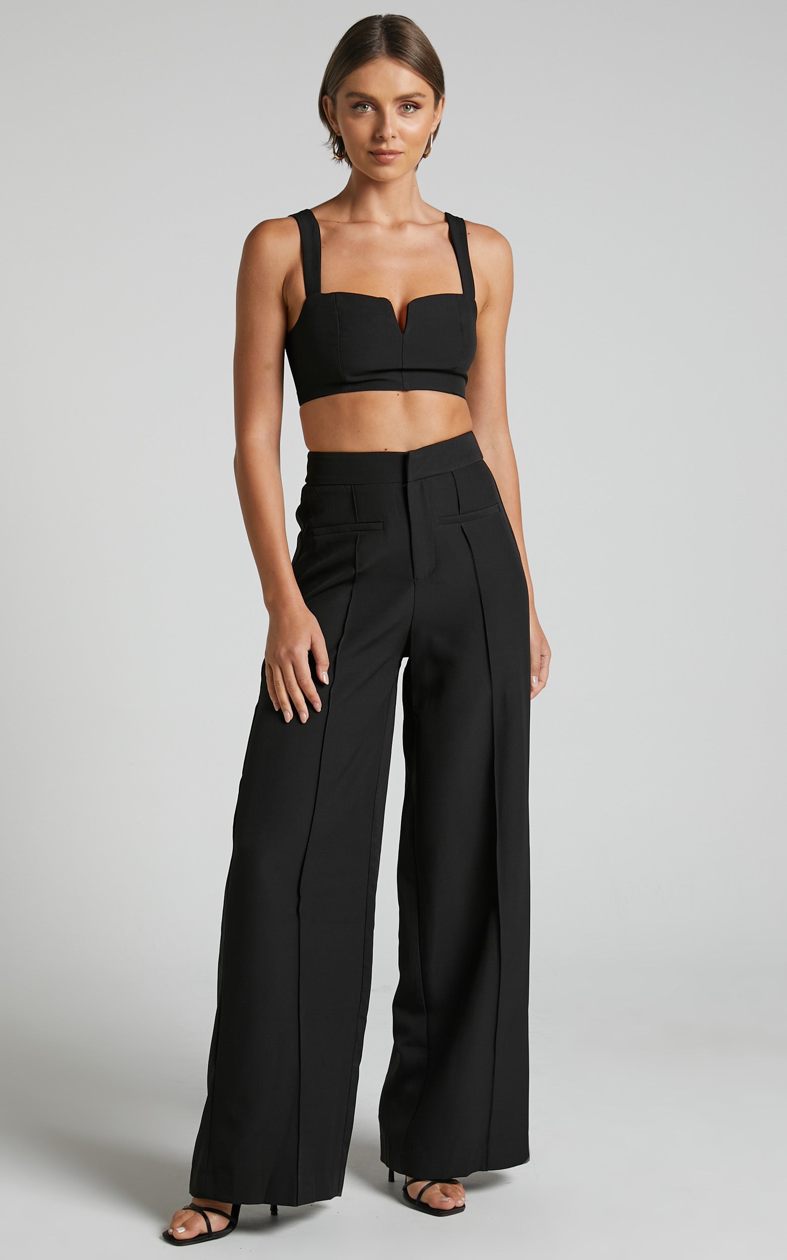 Maida Two Piece Set - V Front Crop Top and Wide Leg Pants Set in Black