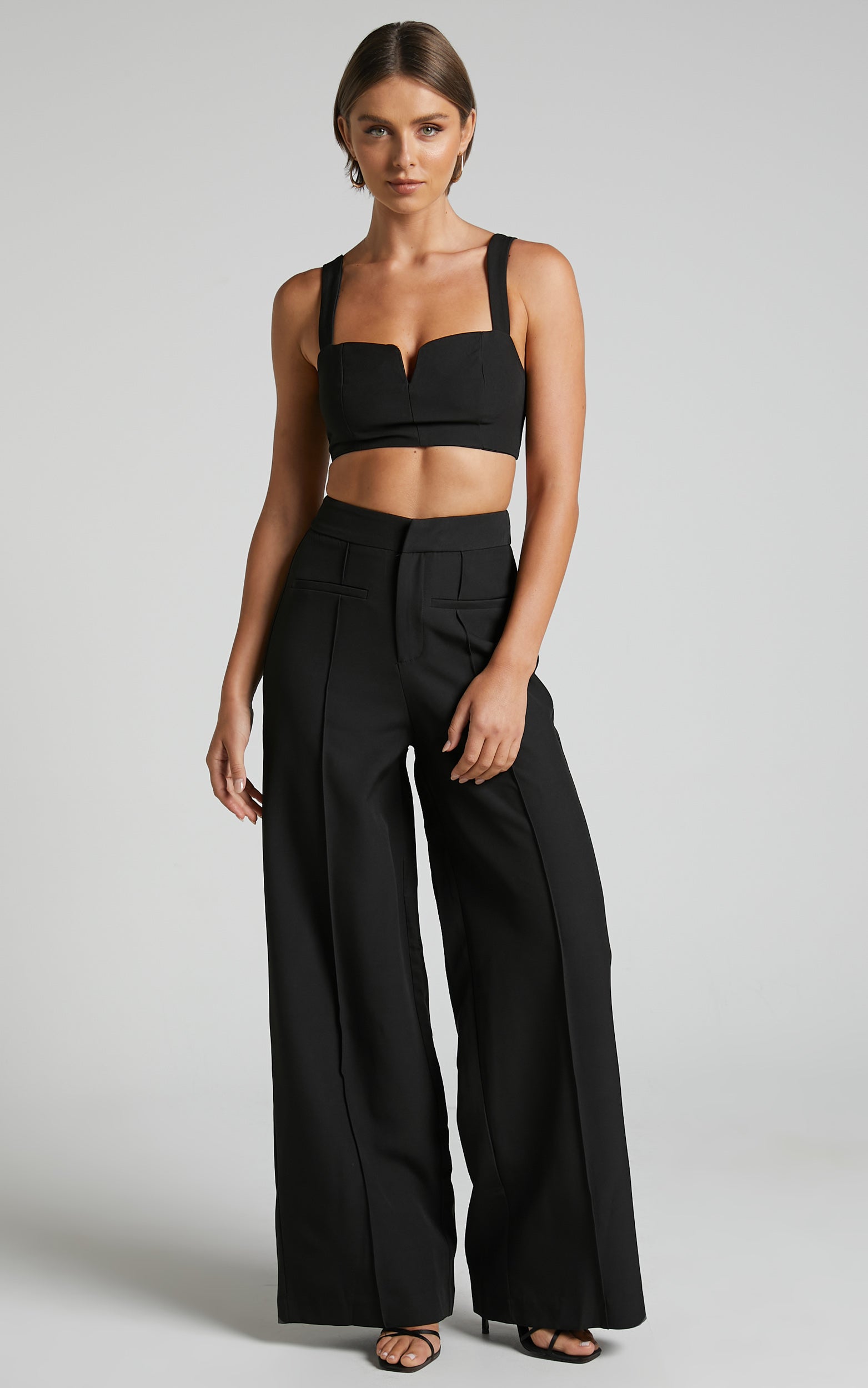 Maida Two Piece Set - V Front Crop Top and Wide Leg Pants Set in Black