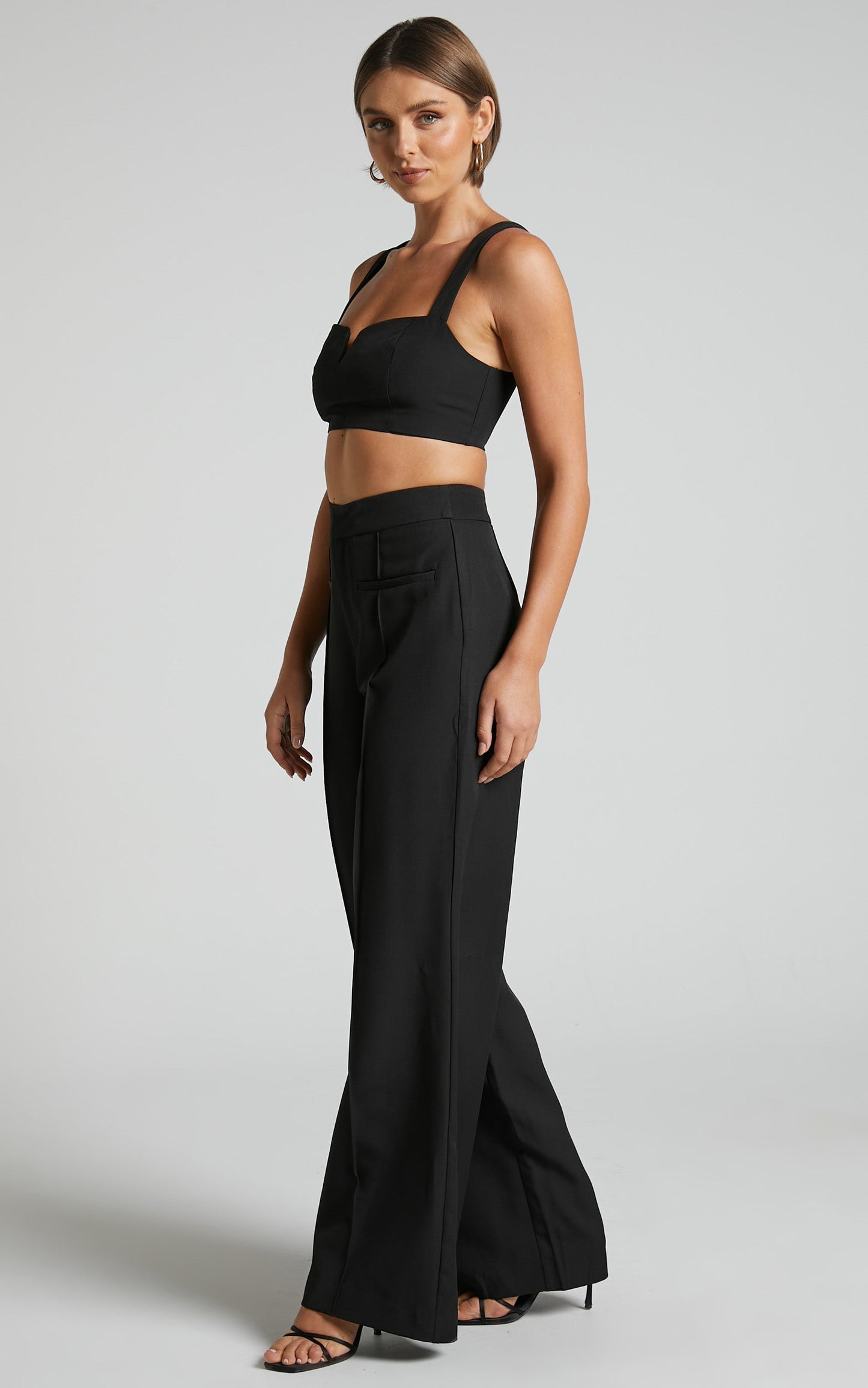 Maida Two Piece Set - V Front Crop Top and Wide Leg Pants Set in Black