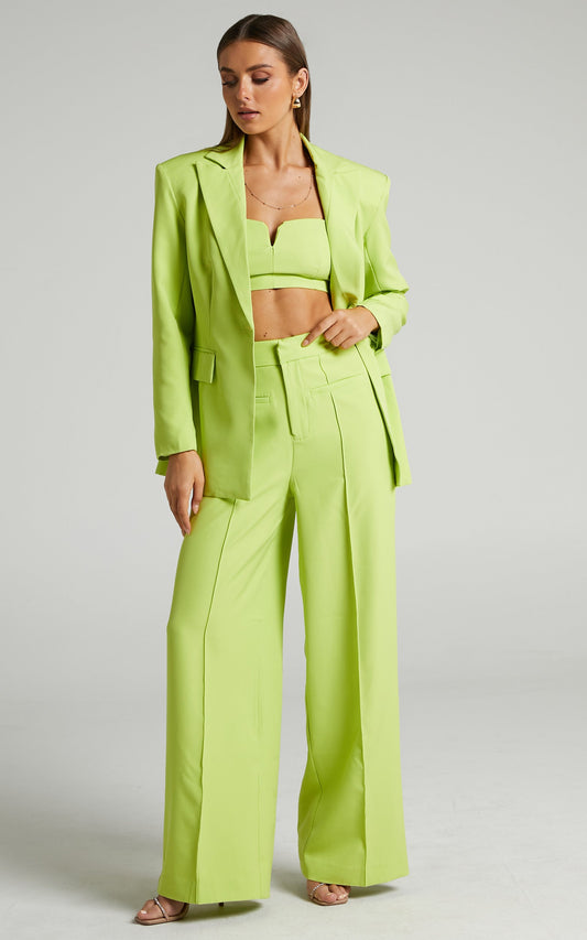 Maida Two Piece Set - V Front Crop Top and Wide Leg Pants Set in Lime