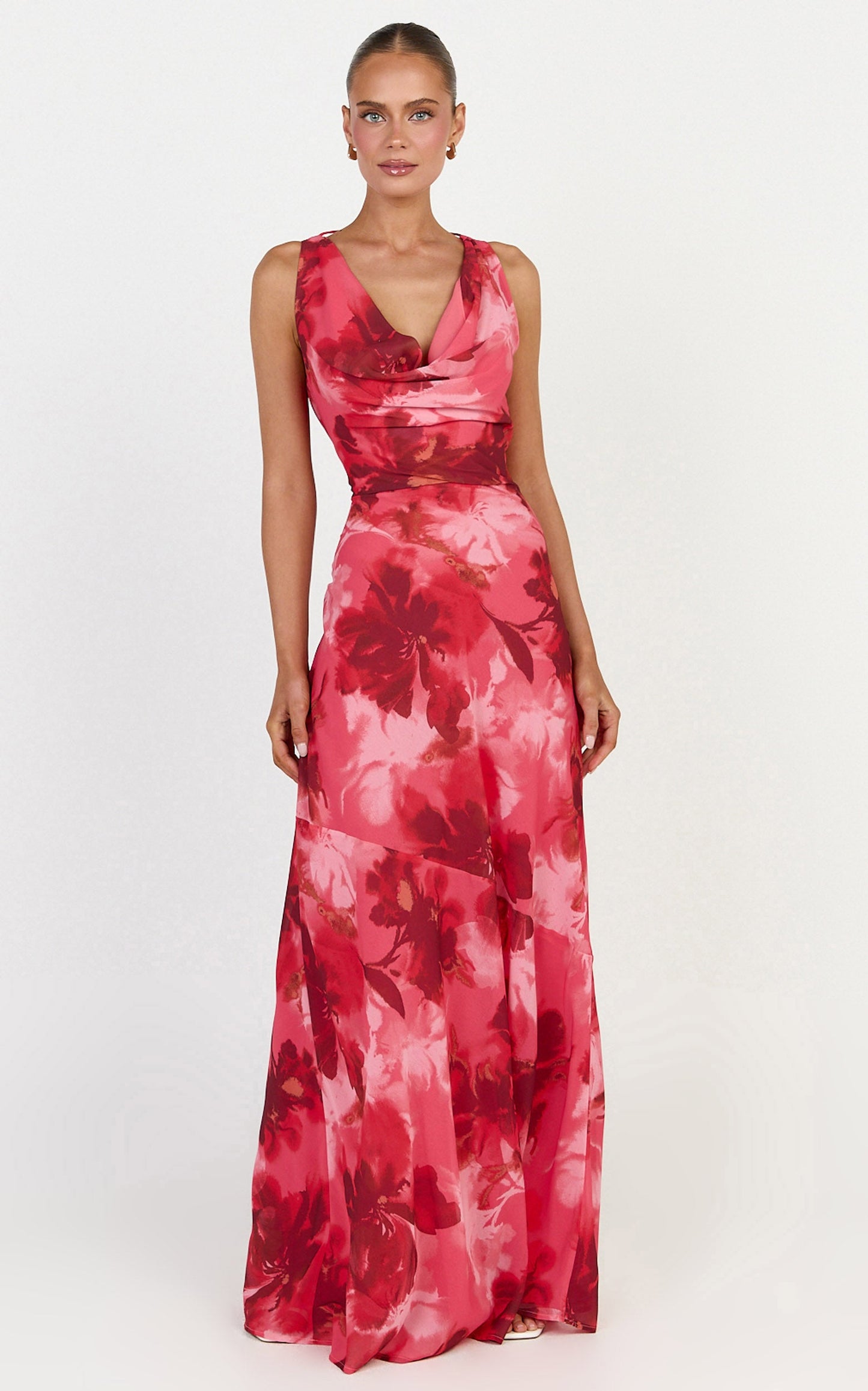 Maila Maxi Dress - Draped Cowl Neckline Dress in Maila Red Floral Print