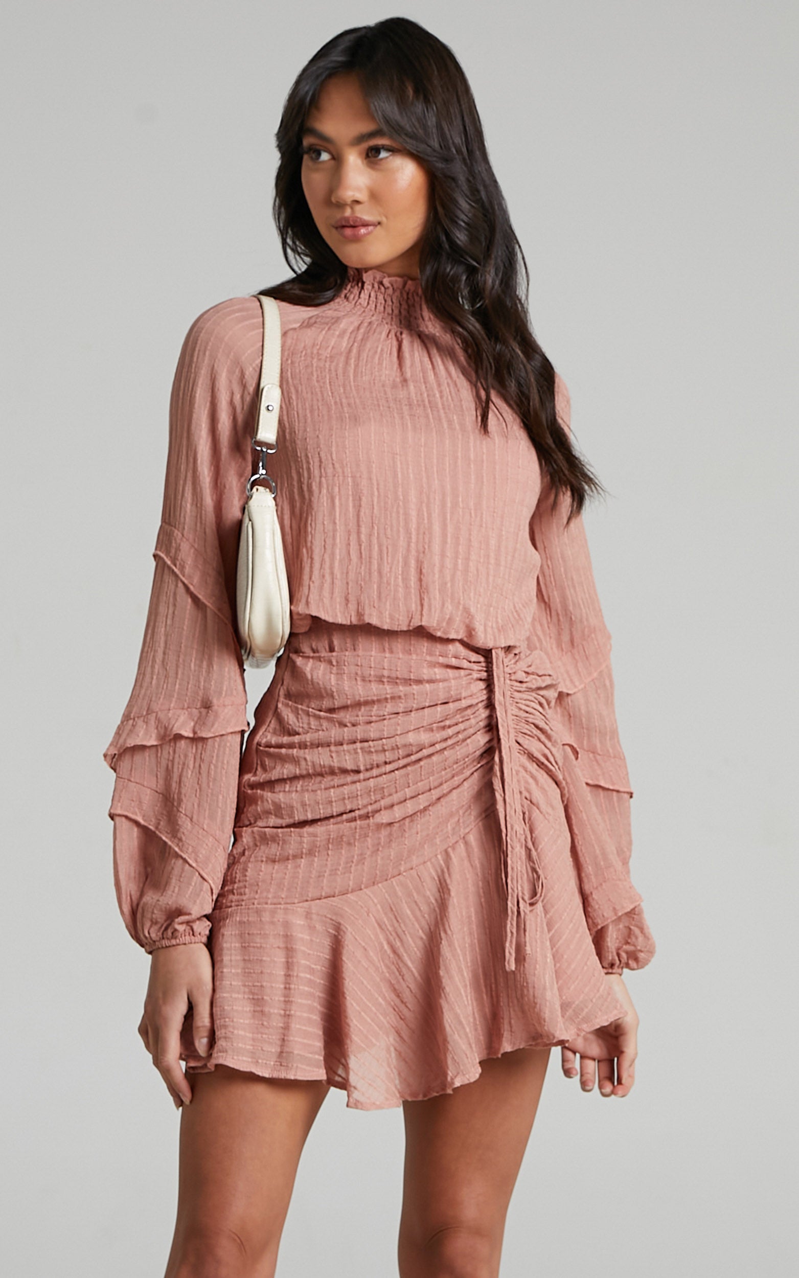 Mailee Long Sleeve Halter Neck Mini Dress in Dusty Rose