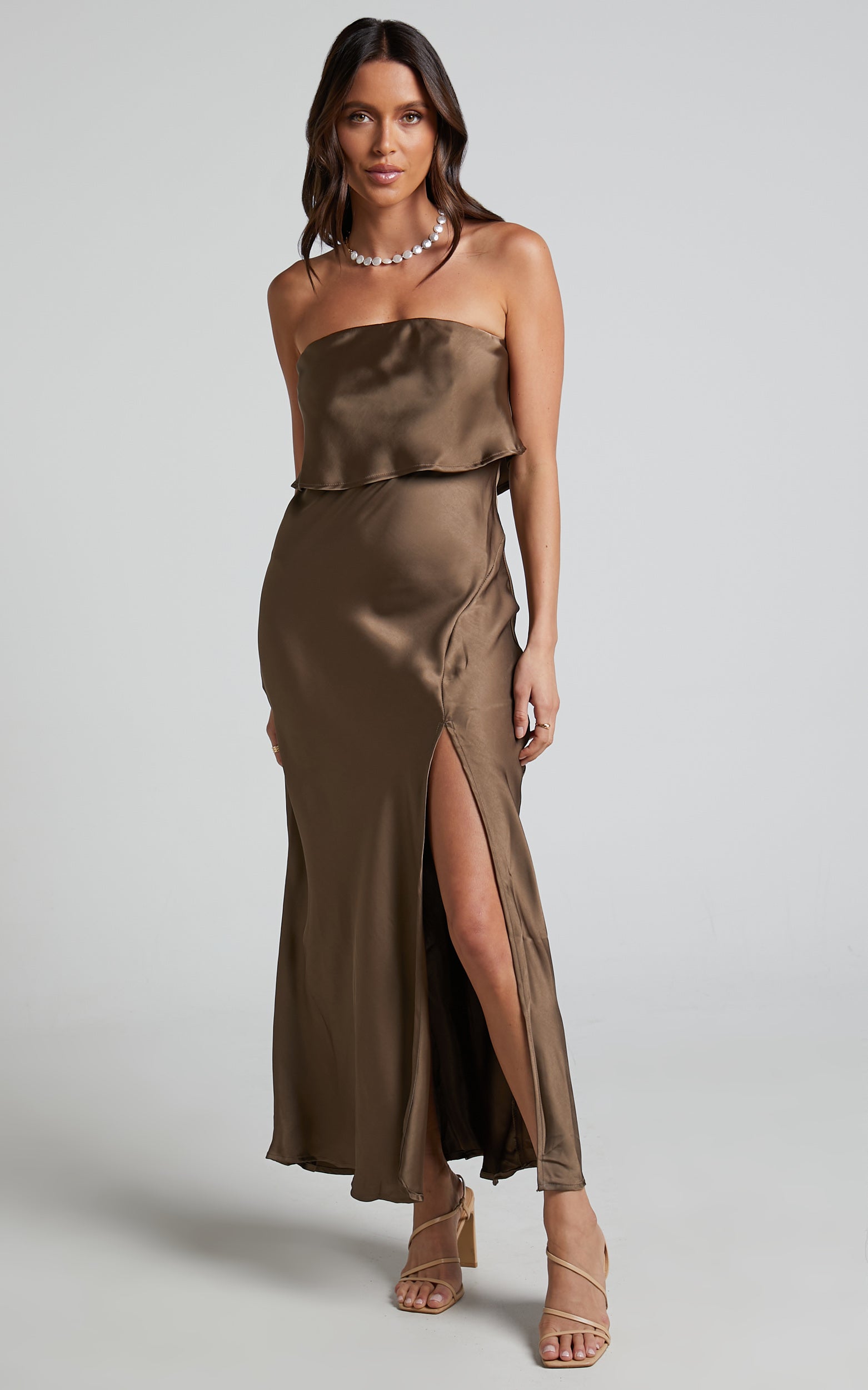 Maisie Maxi Dress - Layered Thigh Split Satin Dress in Chocolate