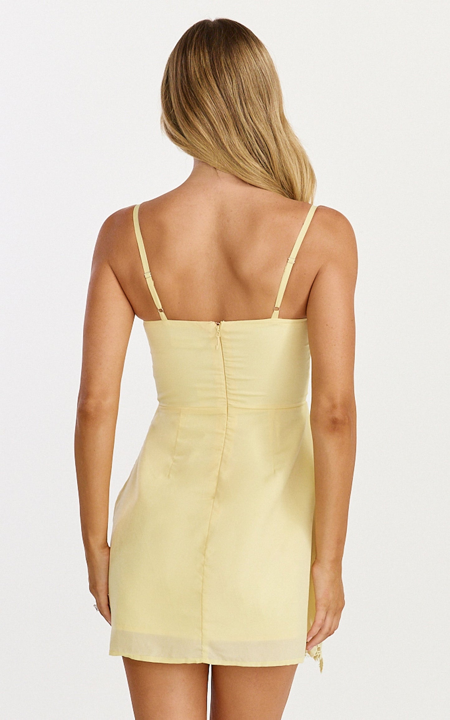Maisie Mini Dress - Broderie Cut Out Border Hem Dress in Lemon