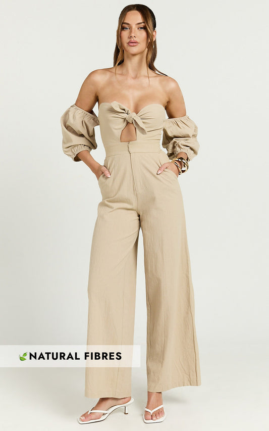 Maja Jumpsuit - Front Tie Off Shoulder Jumpsuit in Sand