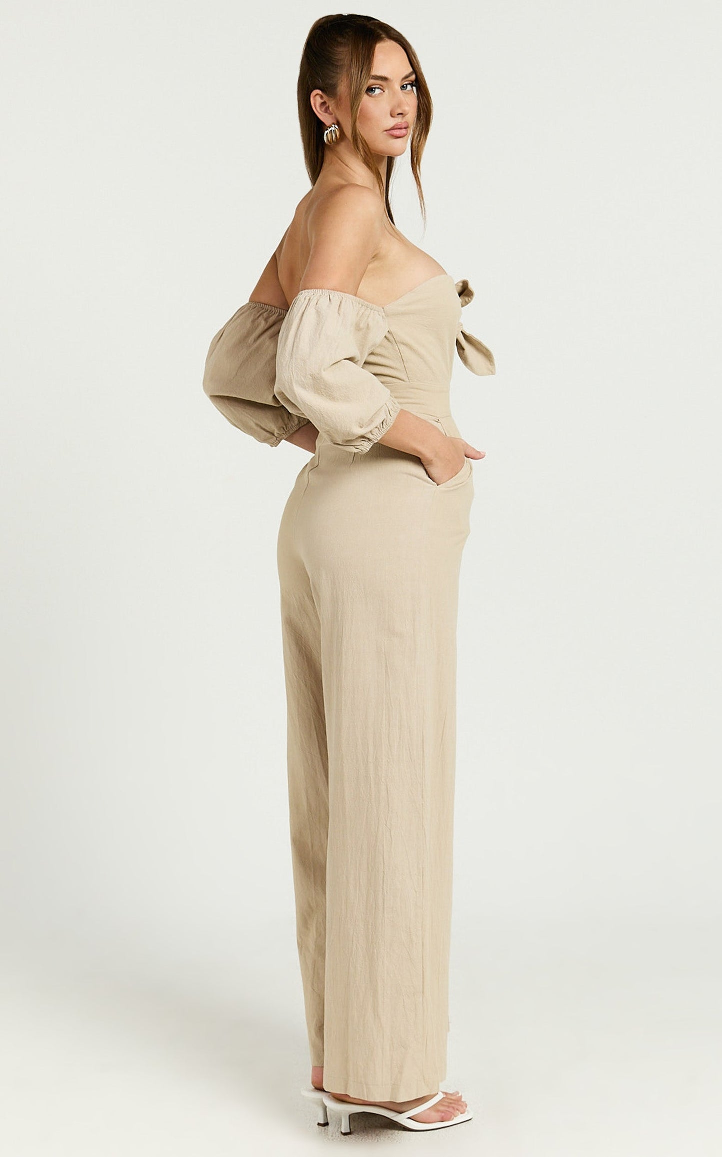 Maja Jumpsuit - Front Tie Off Shoulder Jumpsuit in Sand
