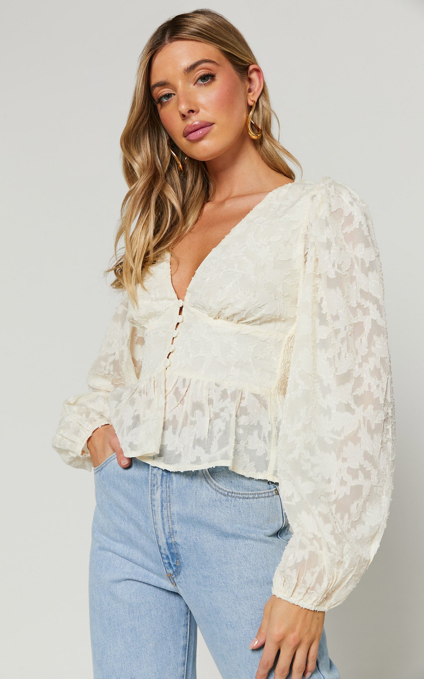 Makayla Top - Long Sleeve Peplum Blouse in Cream