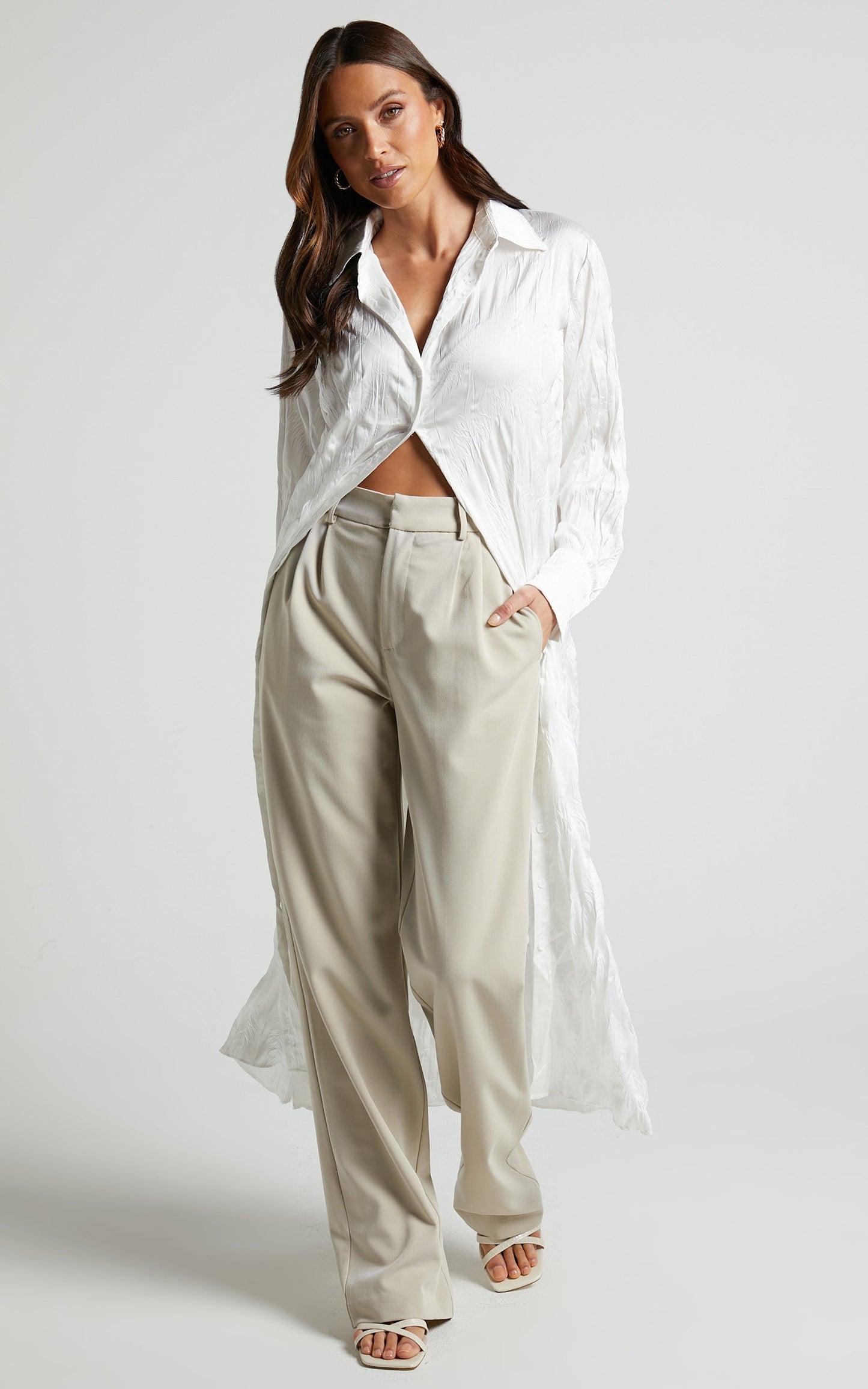Makenna Midi Dress - Long Sleeves Shirt Dress in Oyster