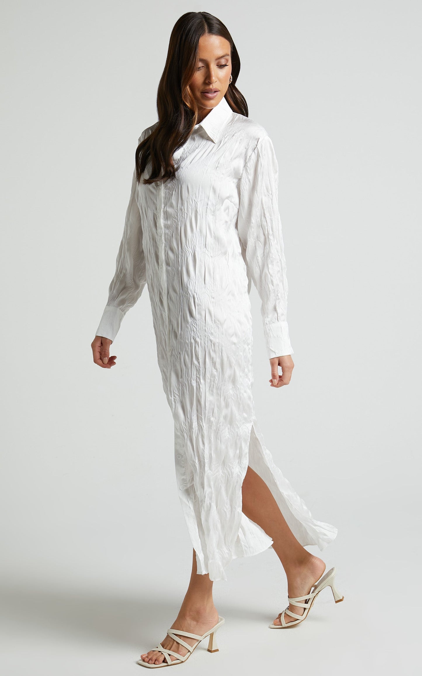Makenna Midi Dress - Long Sleeves Shirt Dress in Oyster