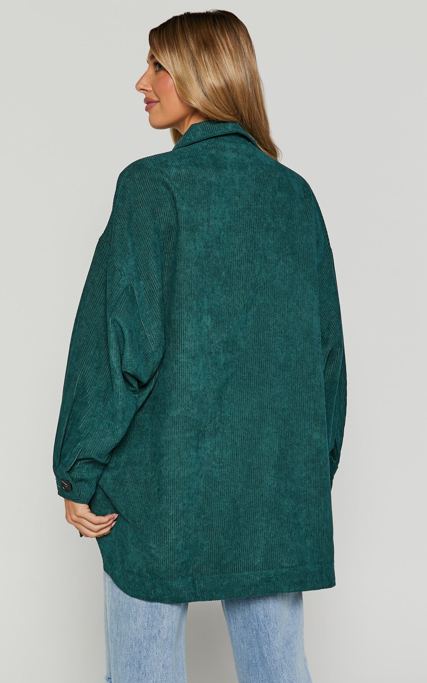 Maleah Shacket - Oversized Button Up cord shacket in Forest Green