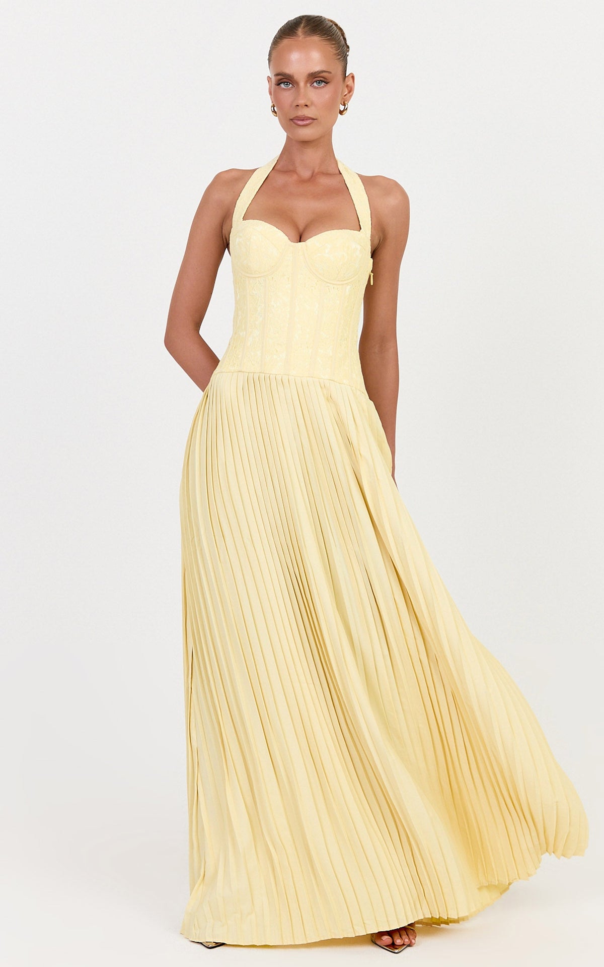 Malia Maxi Dress - Lace Corset Bodice Contrast Pleated Skirt Halter Dress in Lemon