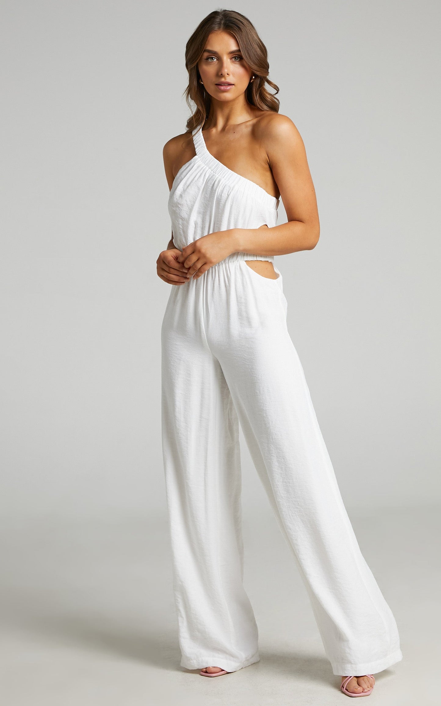Malia One Shoulder Cut Out Jumpsuit in White