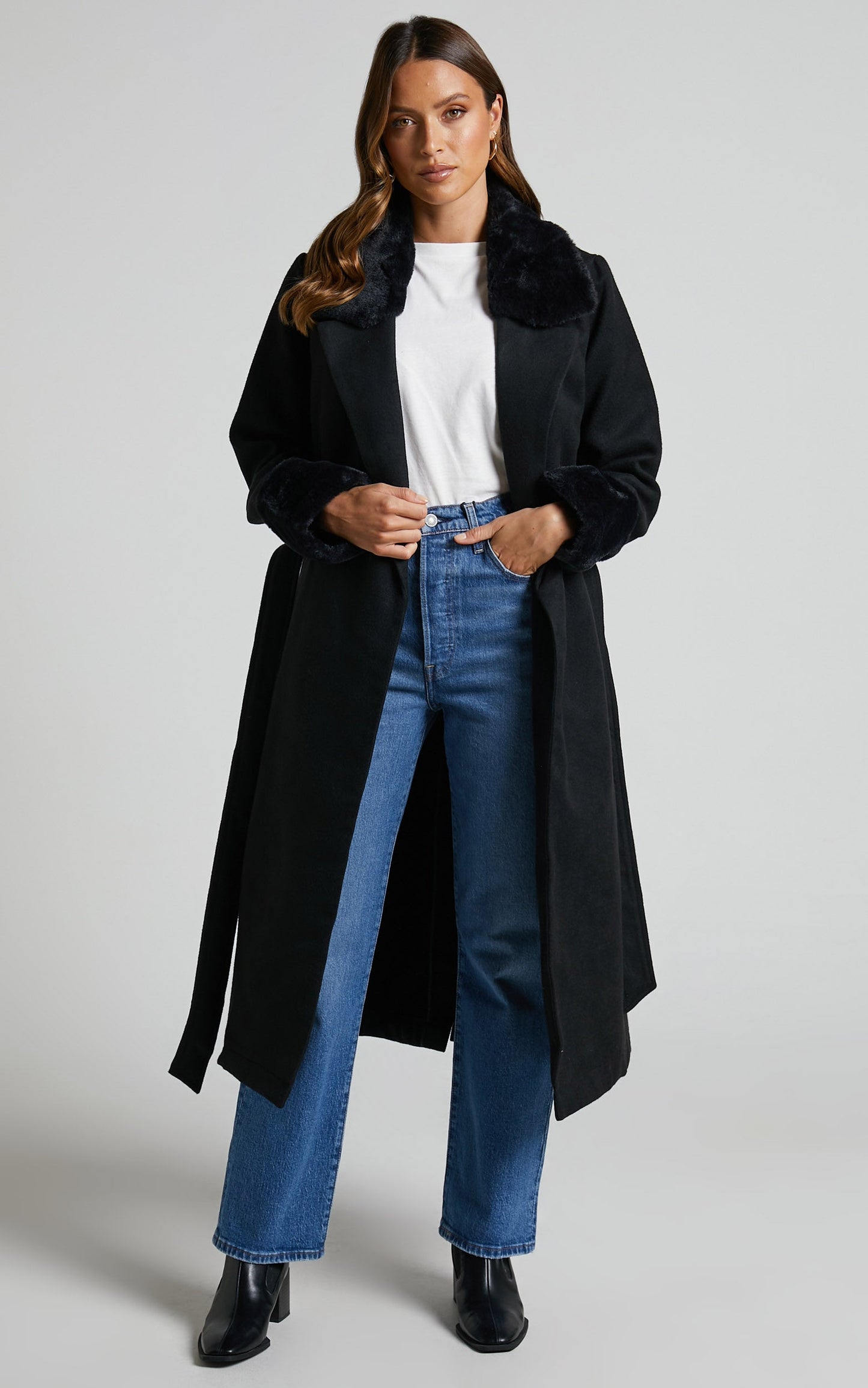 Manhattan Mornings Coat - Faux Fur Tie Waist Coat in Black
