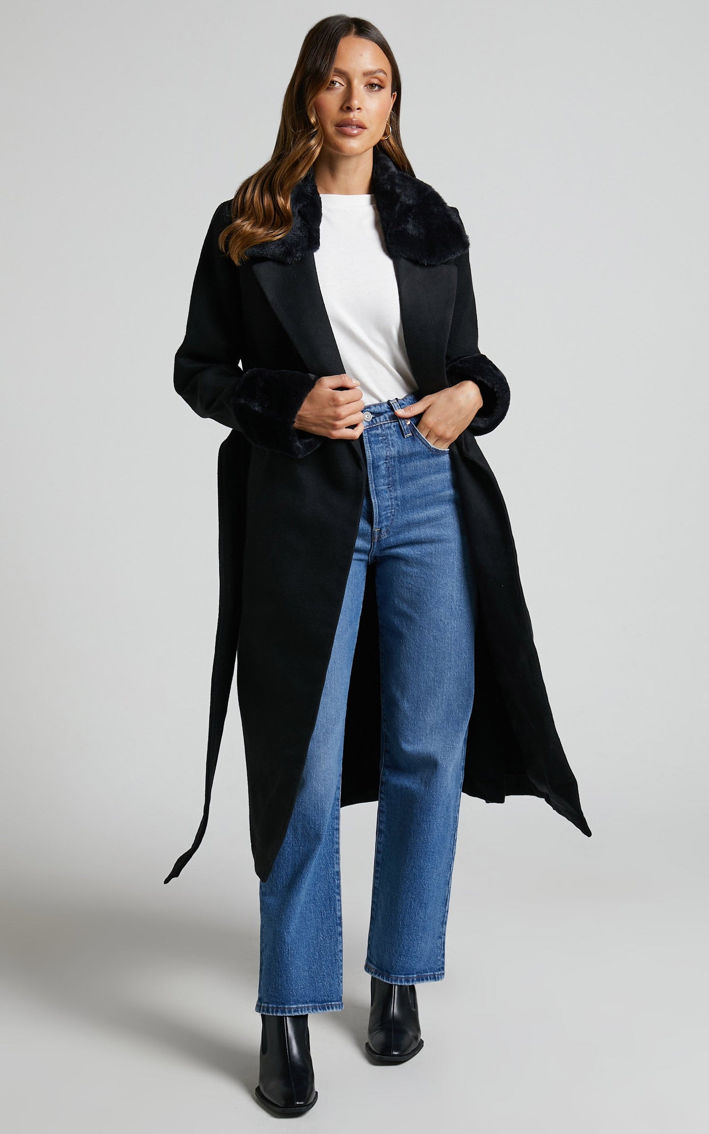 Manhattan Mornings Coat - Faux Fur Tie Waist Coat in Black
