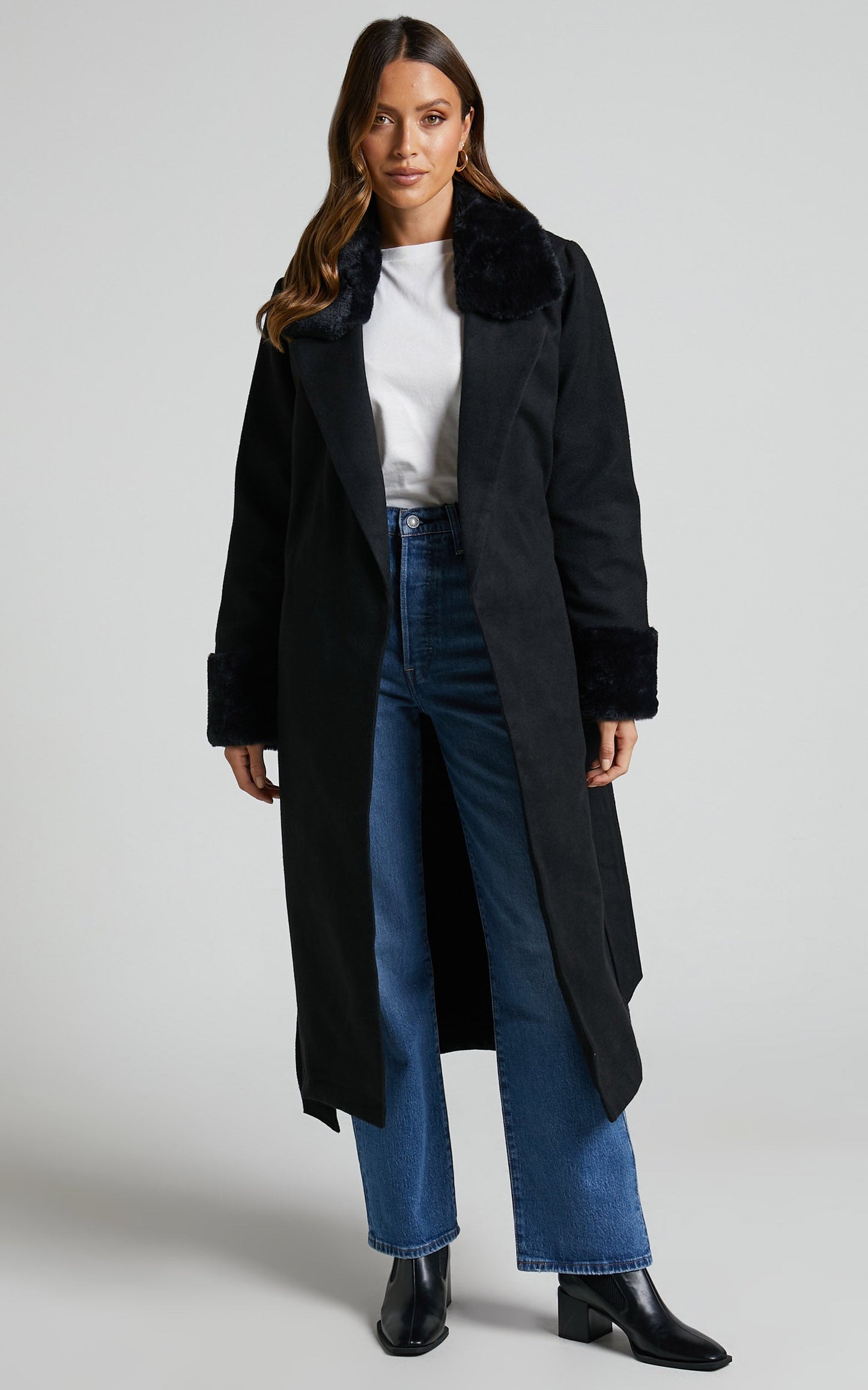 Manhattan Mornings Coat - Faux Fur Tie Waist Coat in Black