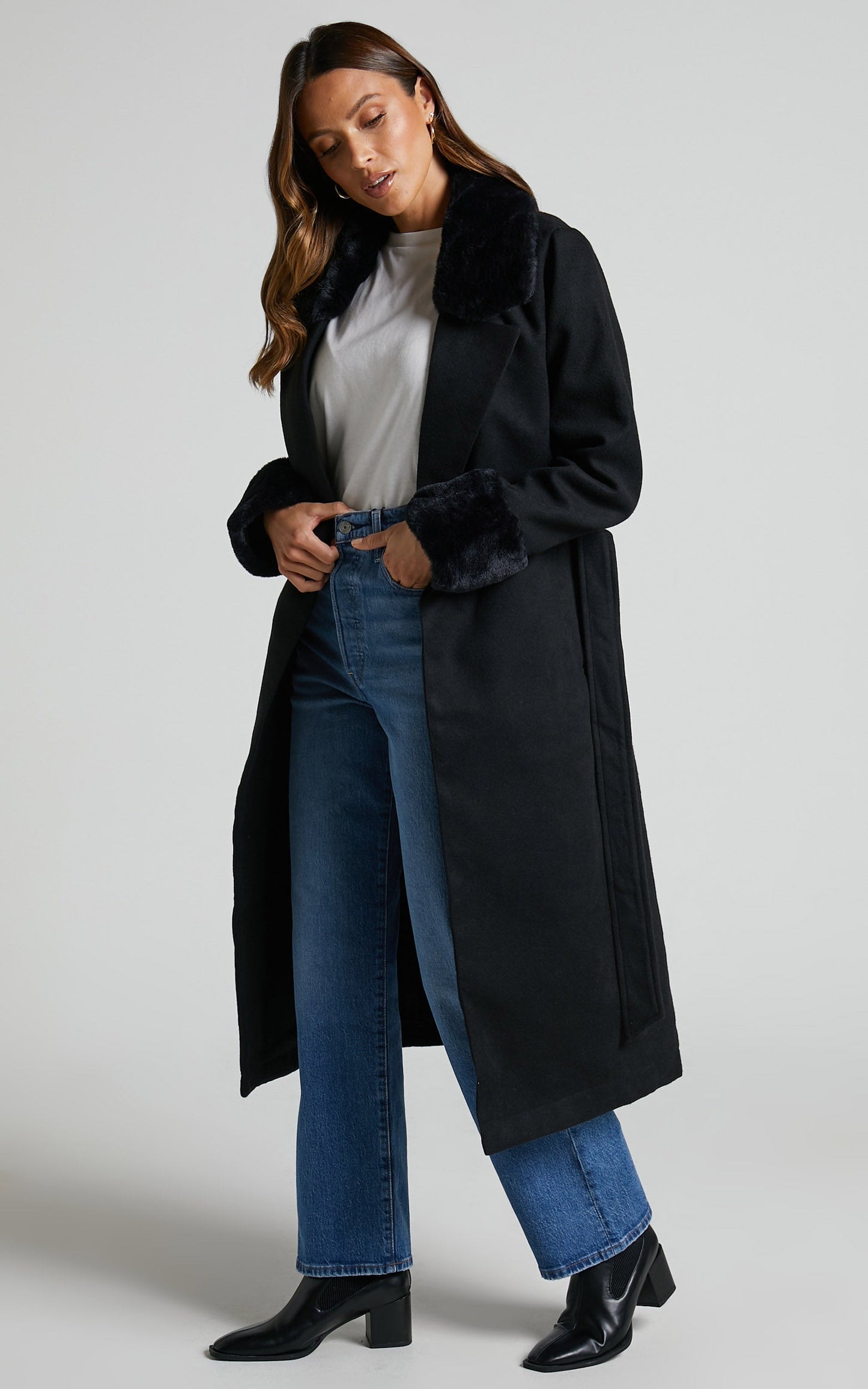 Manhattan Mornings Coat - Faux Fur Tie Waist Coat in Black