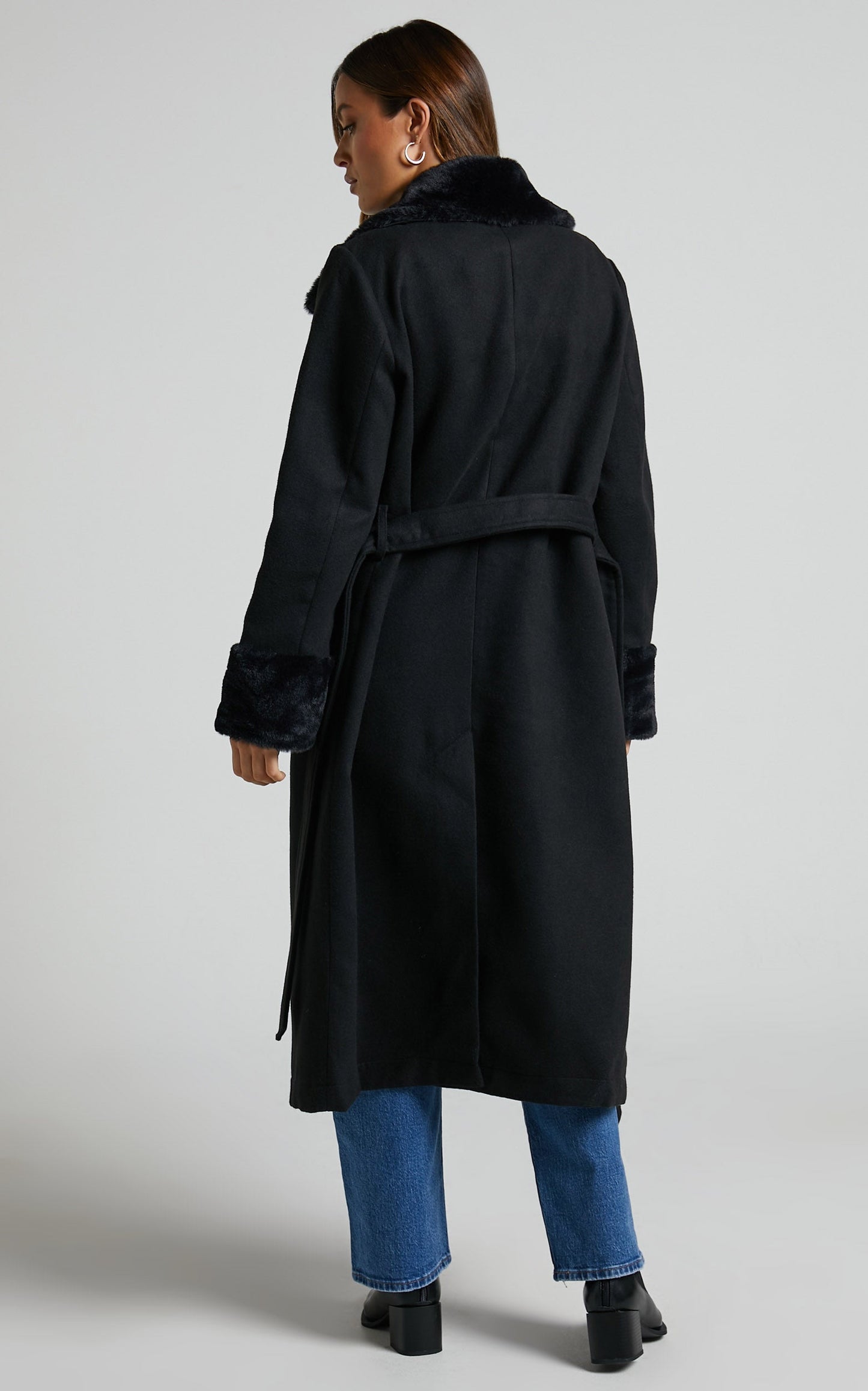 Manhattan Mornings Coat - Faux Fur Tie Waist Coat in Black