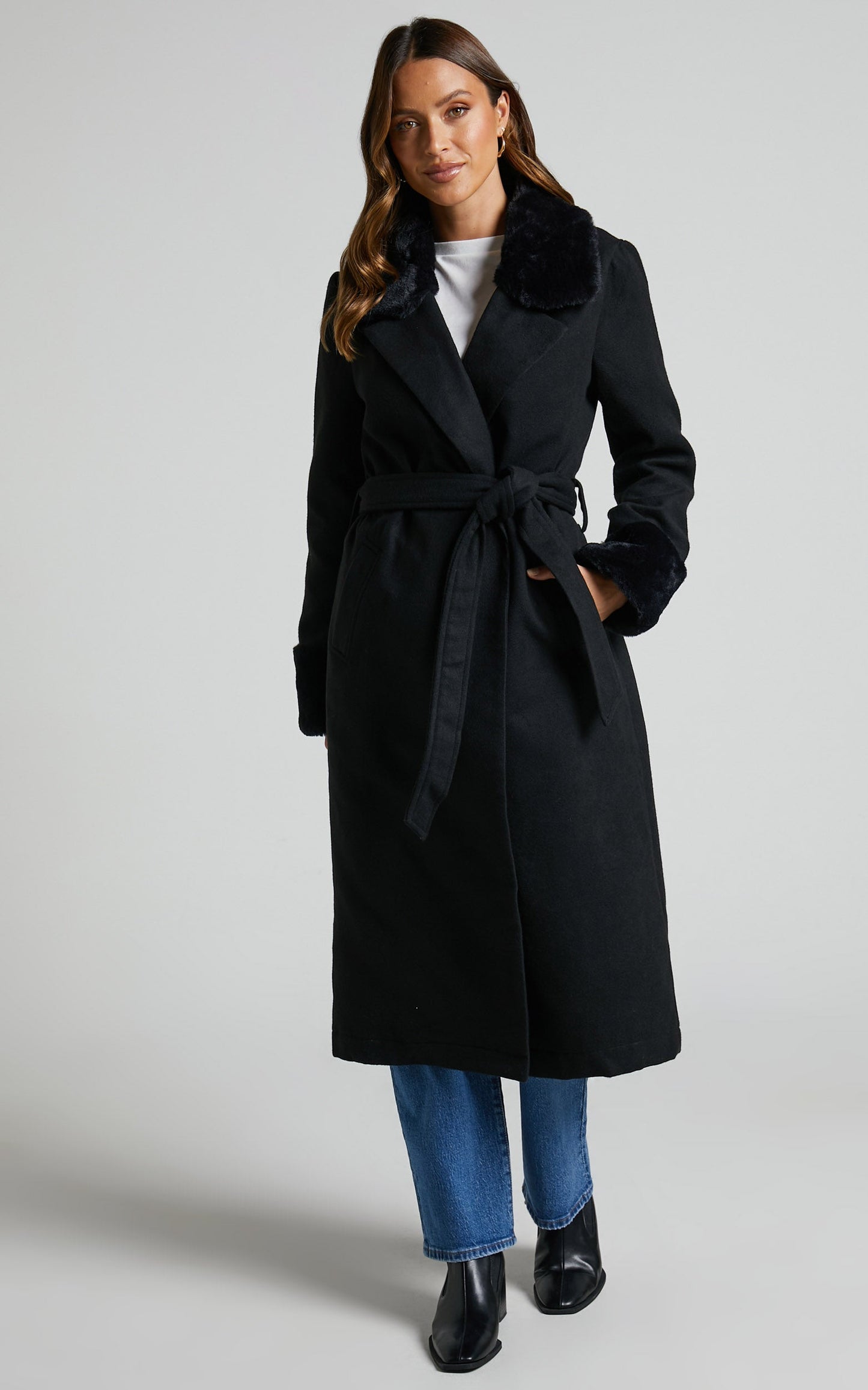 Manhattan Mornings Coat - Faux Fur Tie Waist Coat in Black
