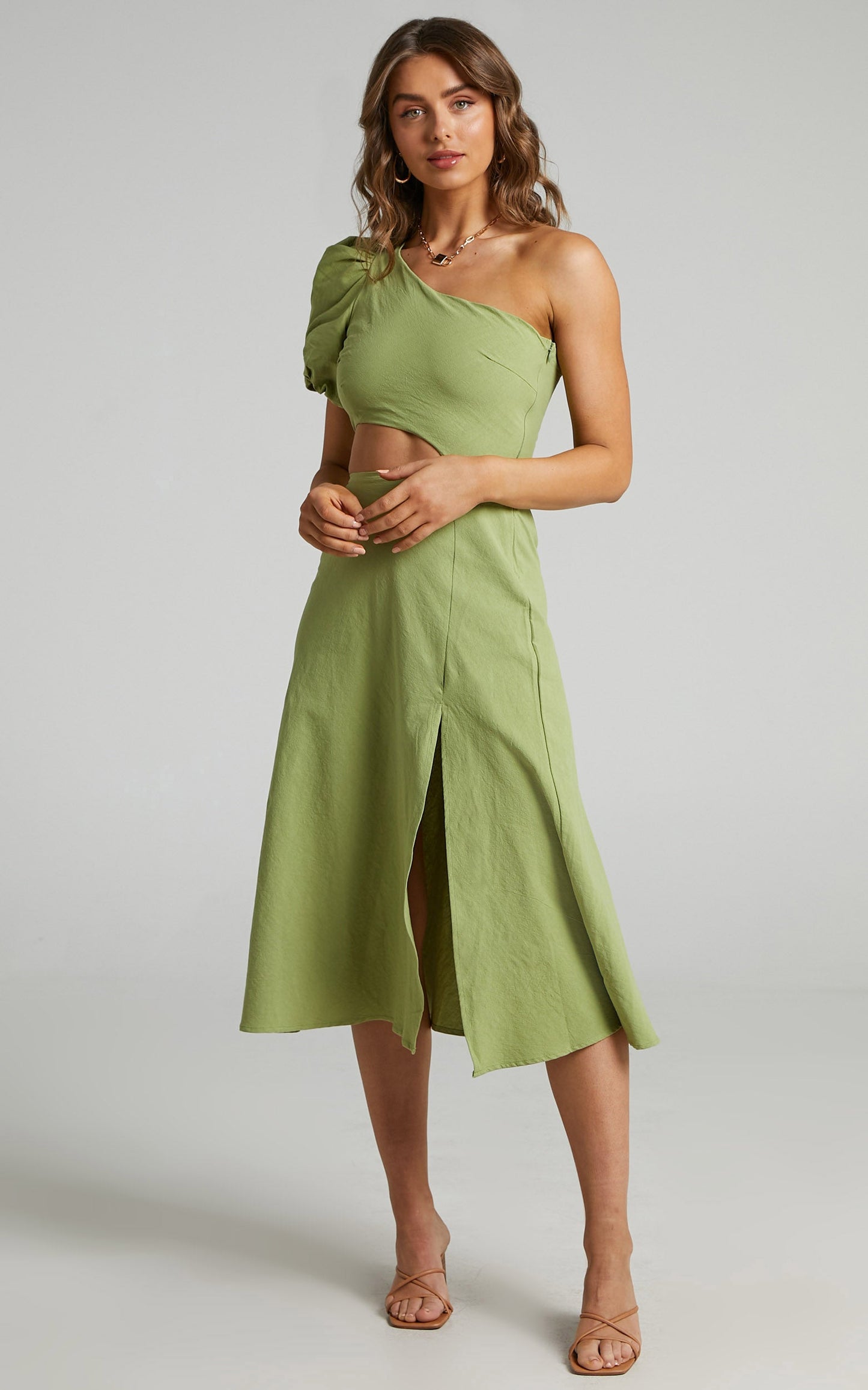 Marcia Midi Dress - One Shoulder Dress with Side Cut Out in Green Linen Look