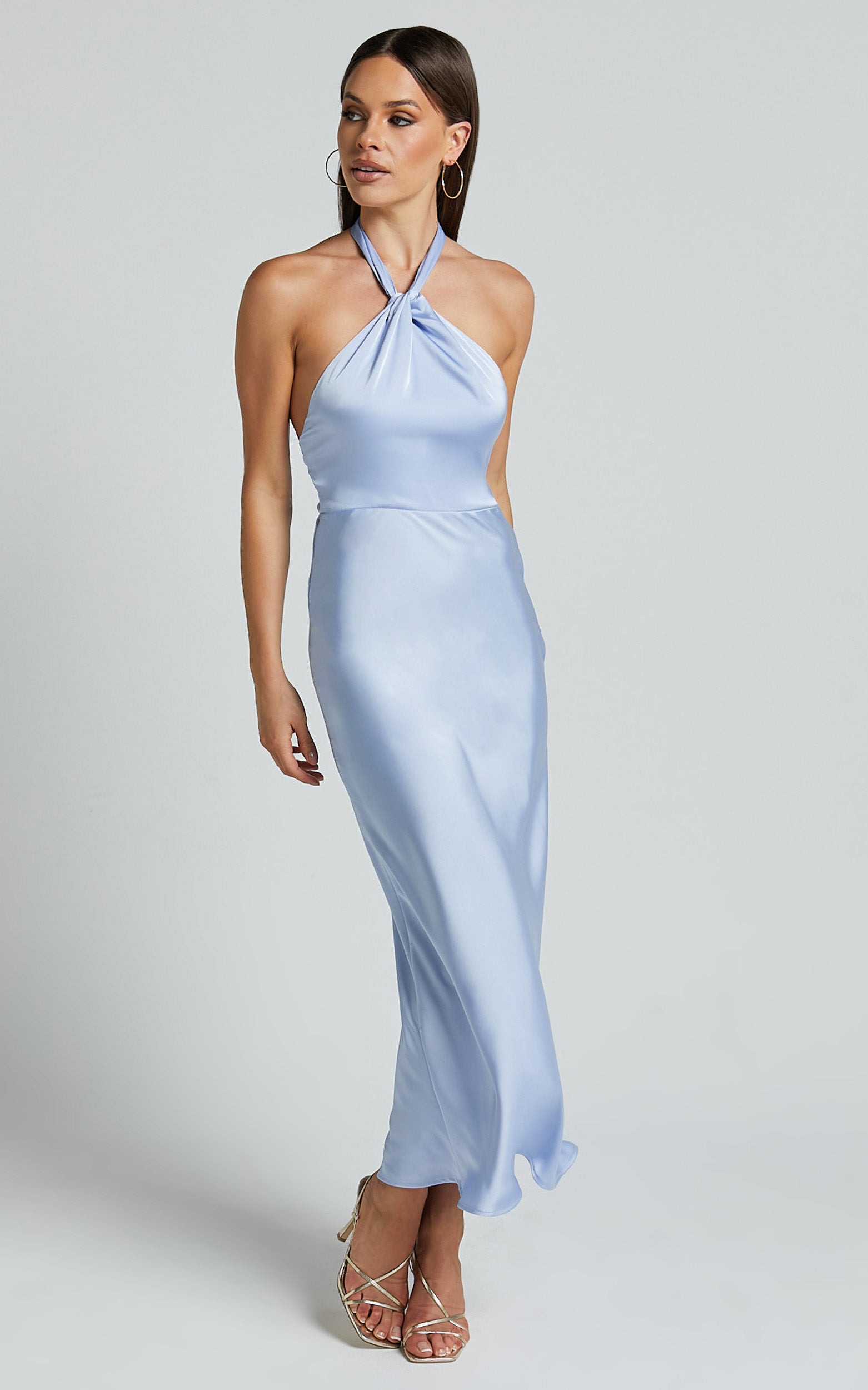 Marcie Midi Dress - Knot Detail Halter Satin Bias Cut Dress in Light Blue