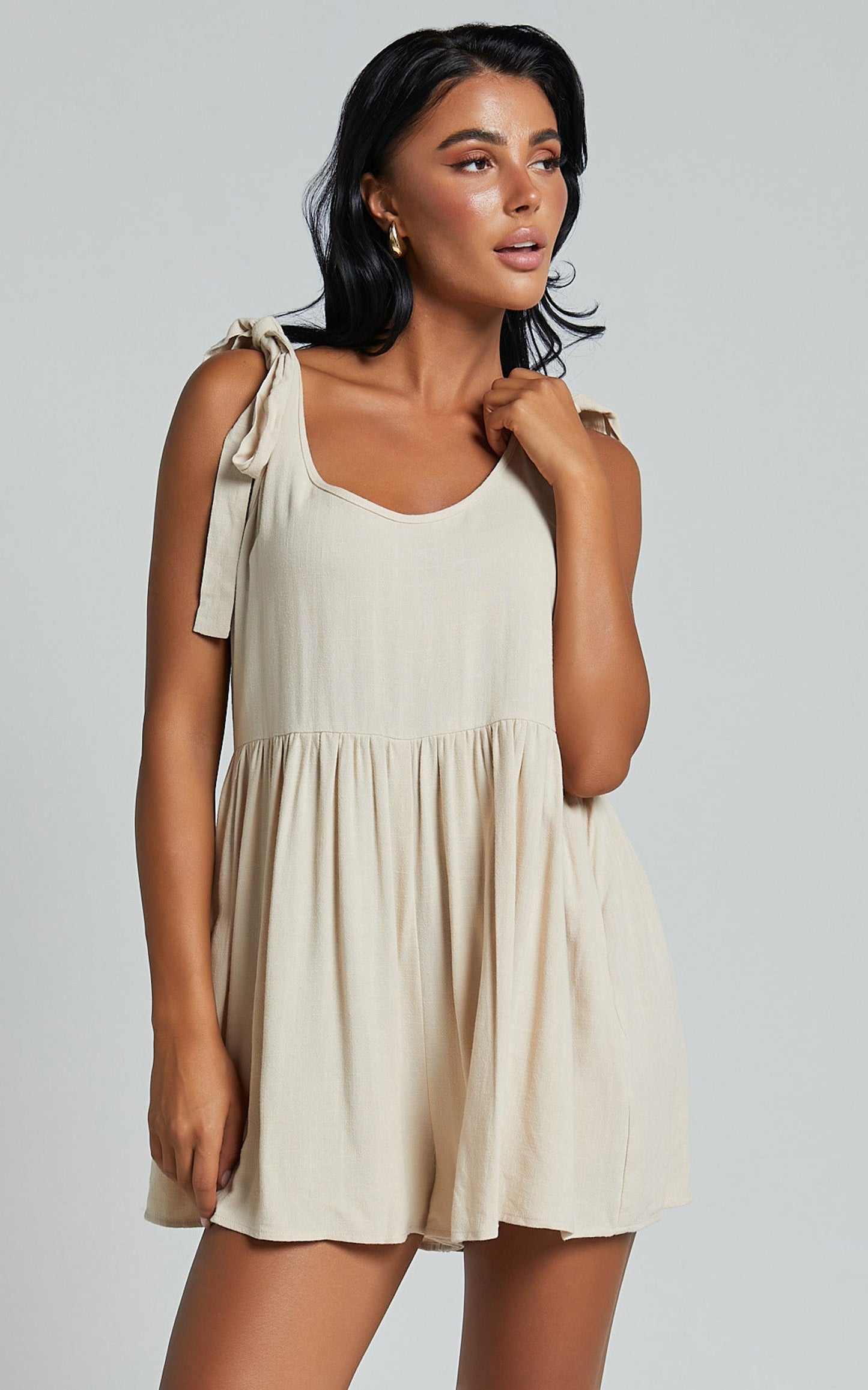 Marcie Playsuit - Linen Scoop Neck Tie Detail Relaxed Playsuit in Biscuit