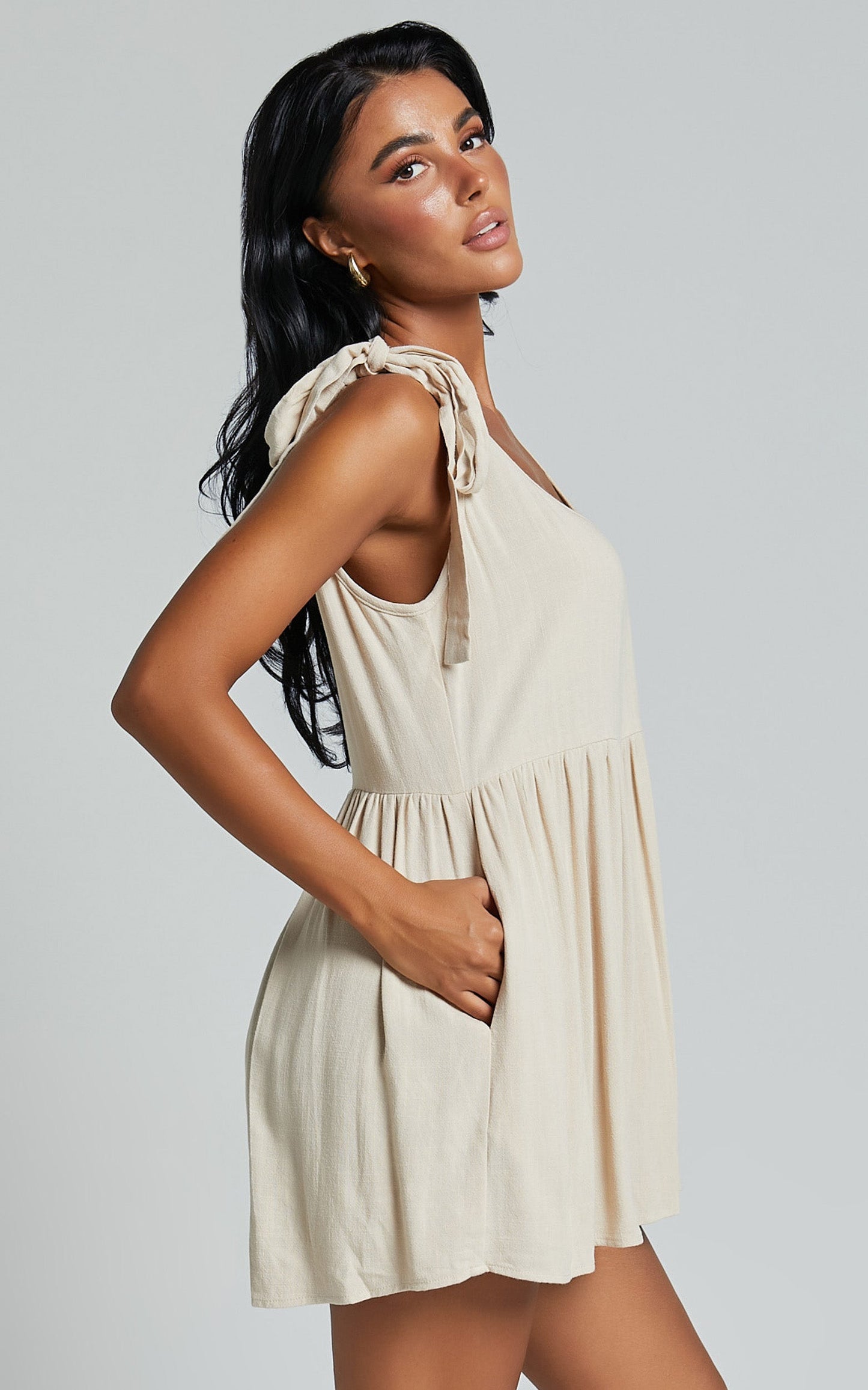 Marcie Playsuit - Linen Scoop Neck Tie Detail Relaxed Playsuit in Biscuit