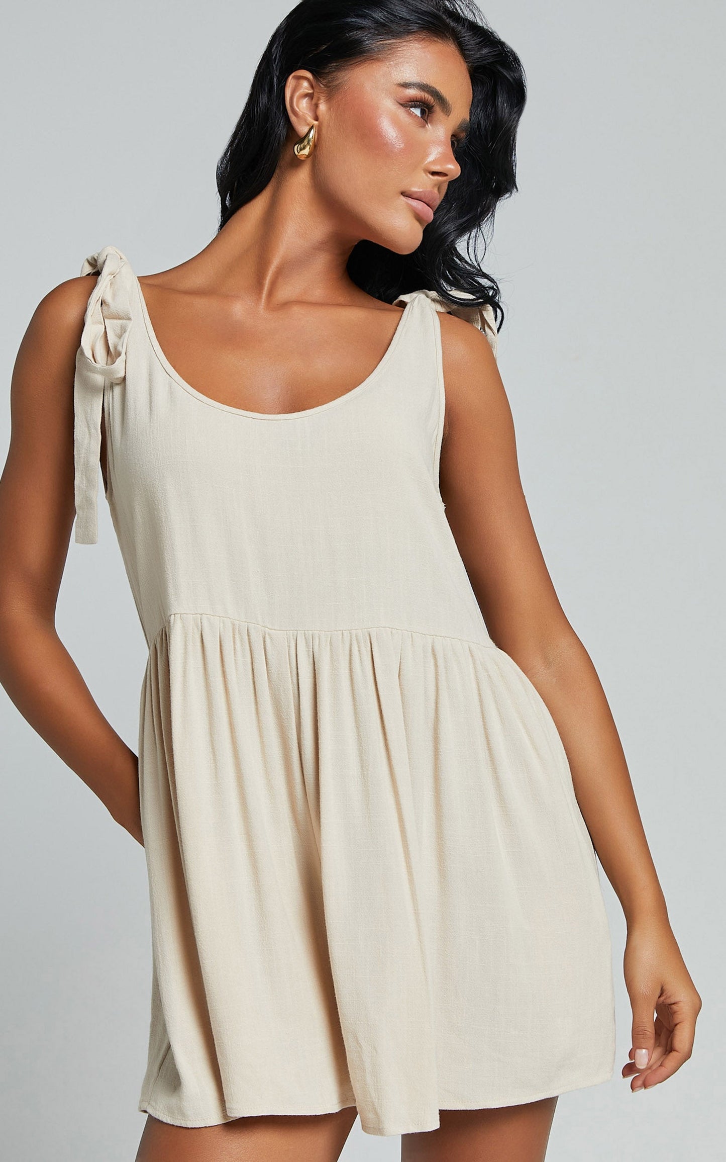 Marcie Playsuit - Linen Scoop Neck Tie Detail Relaxed Playsuit in Biscuit