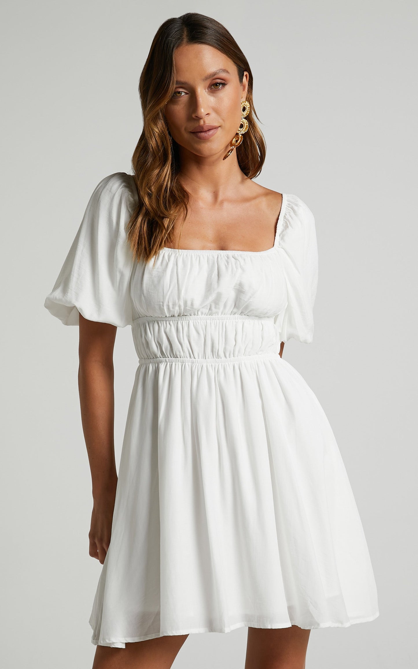 Maretta Mini Dress - Stretch Waist Square Neck Dress in White