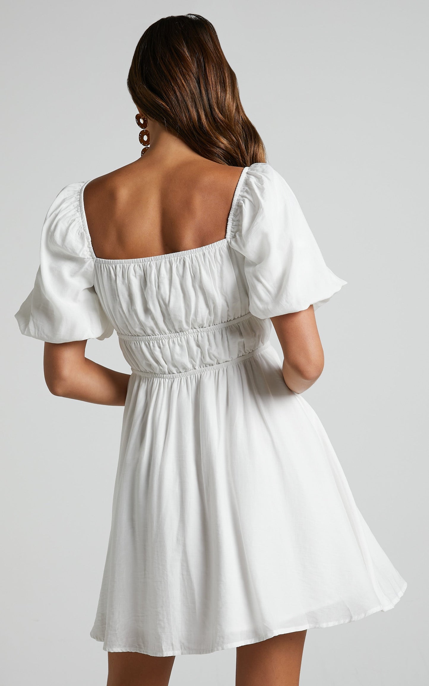 Maretta Mini Dress - Stretch Waist Square Neck Dress in White