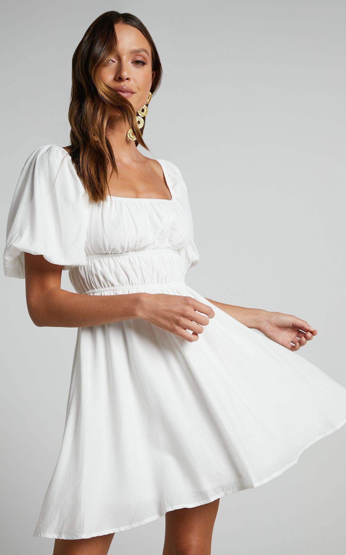 Maretta Mini Dress - Stretch Waist Square Neck Dress in White