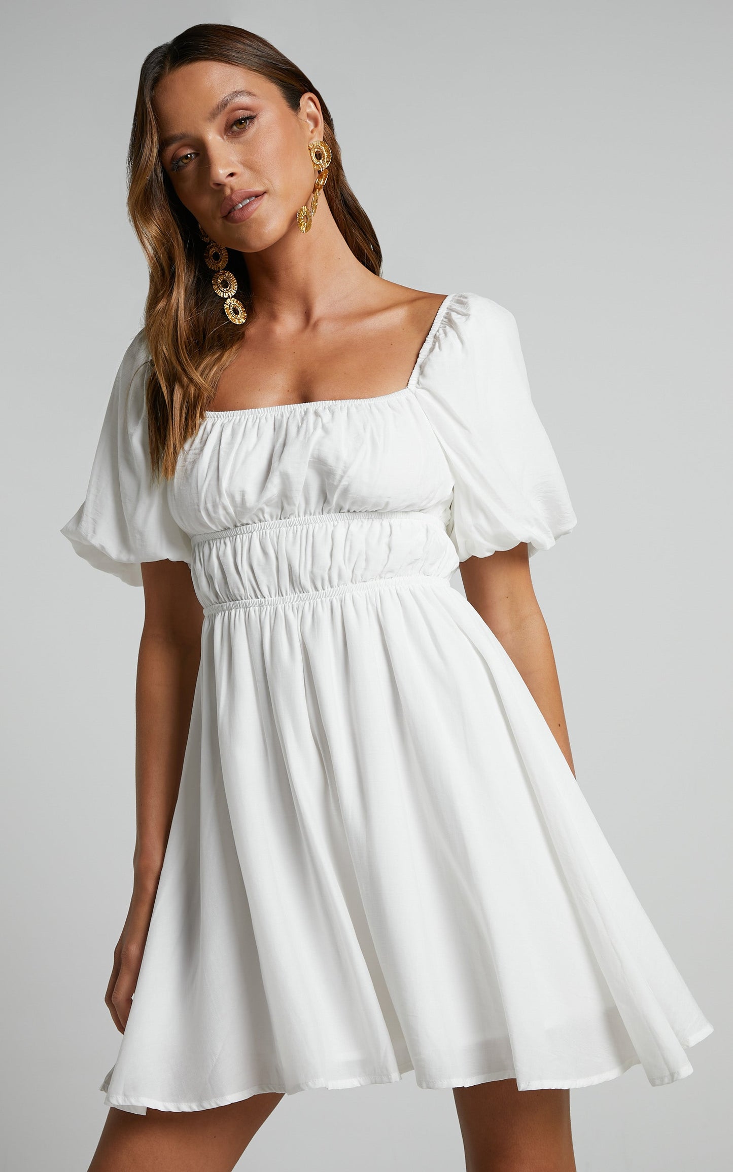Maretta Mini Dress - Stretch Waist Square Neck Dress in White