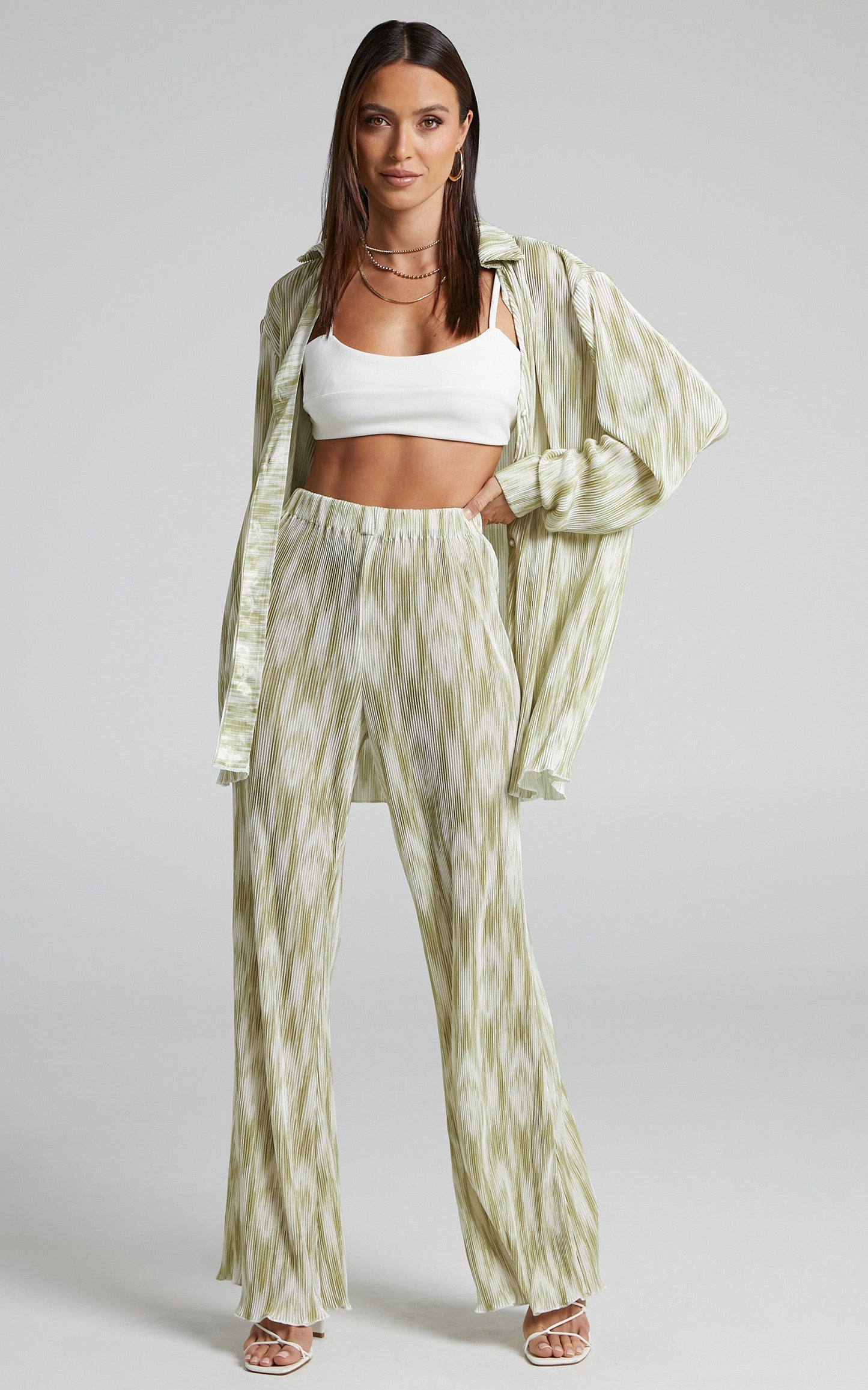 Marfy Top - Abstract Print Button Down Plisse Top in Green Marble