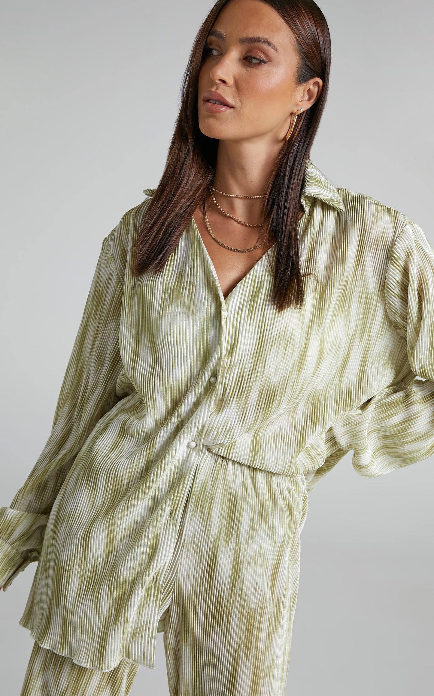 Marfy Top - Abstract Print Button Down Plisse Top in Green Marble