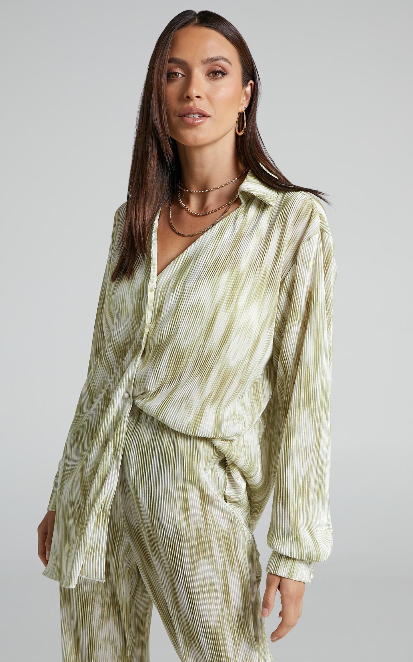 Marfy Top - Abstract Print Button Down Plisse Top in Green Marble